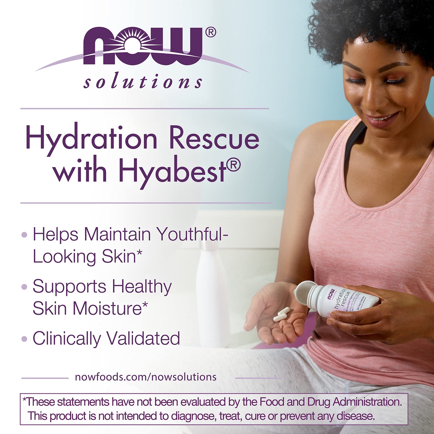 NOW Solutions, rescate de hidratación con ácido hialurónico Hyabest, ayuda a mantener la piel de aspecto juvenil*, apoya la hidratación saludable de la piel*, 60 cápsulas vegetales, marrón