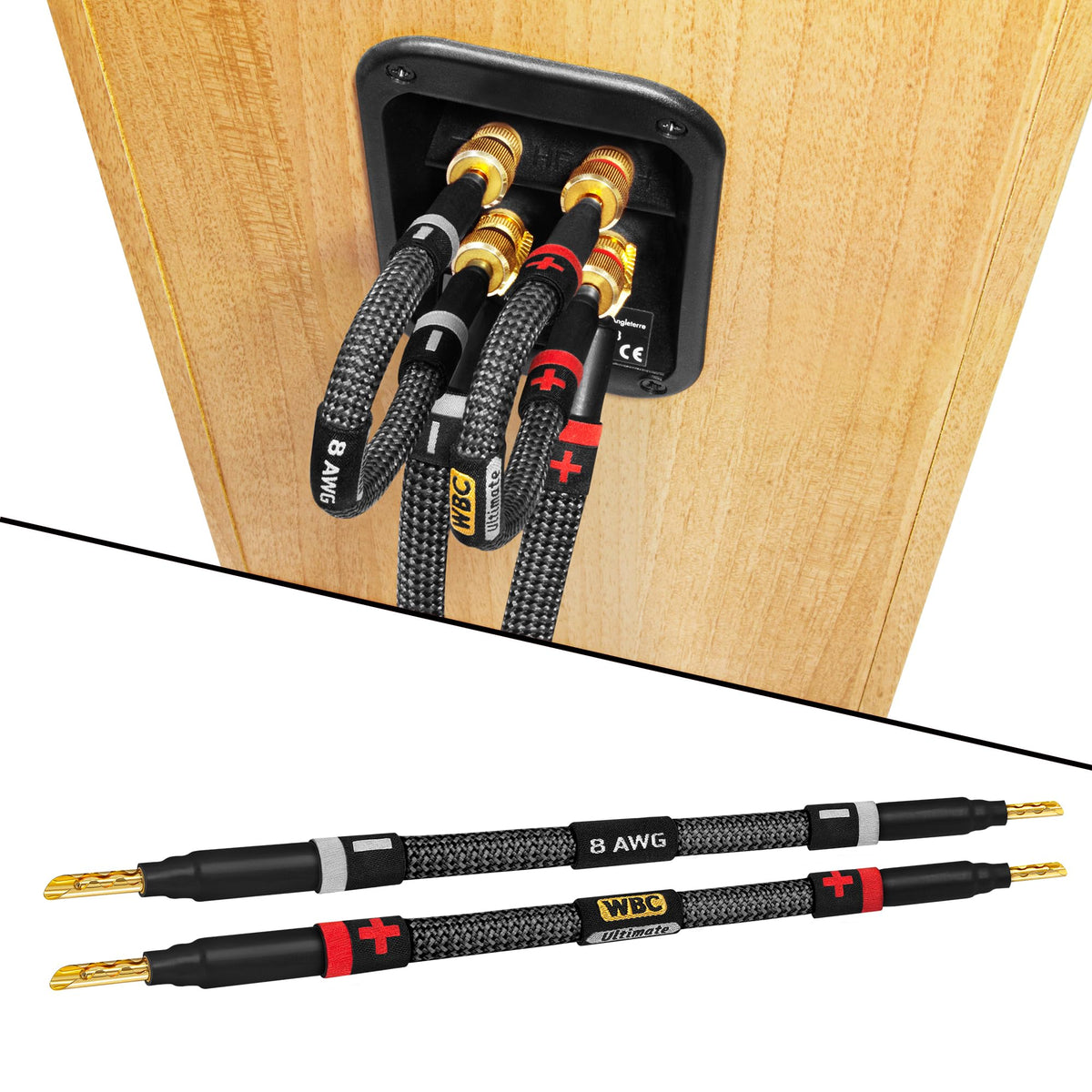 Cables de Puente de Altavoz Worlds Best Cables 6 Pulgadas Ultimate OFC para Audiófilos 8 AWG con Enchufes Eminence Gold y Chamarra de Tweed