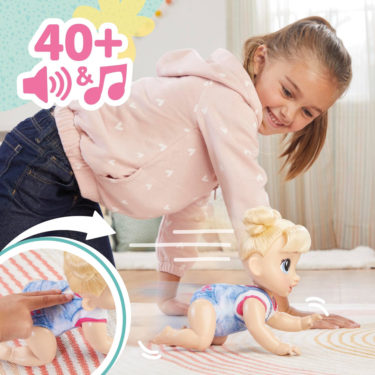 Baby Alive, Harper Hugs Gatea y Juega, Set de muñeca electrónica, más de 40 Sonidos, Pelo Rubio, Juguetes para niños y niñas de 27 cm, +3 años,