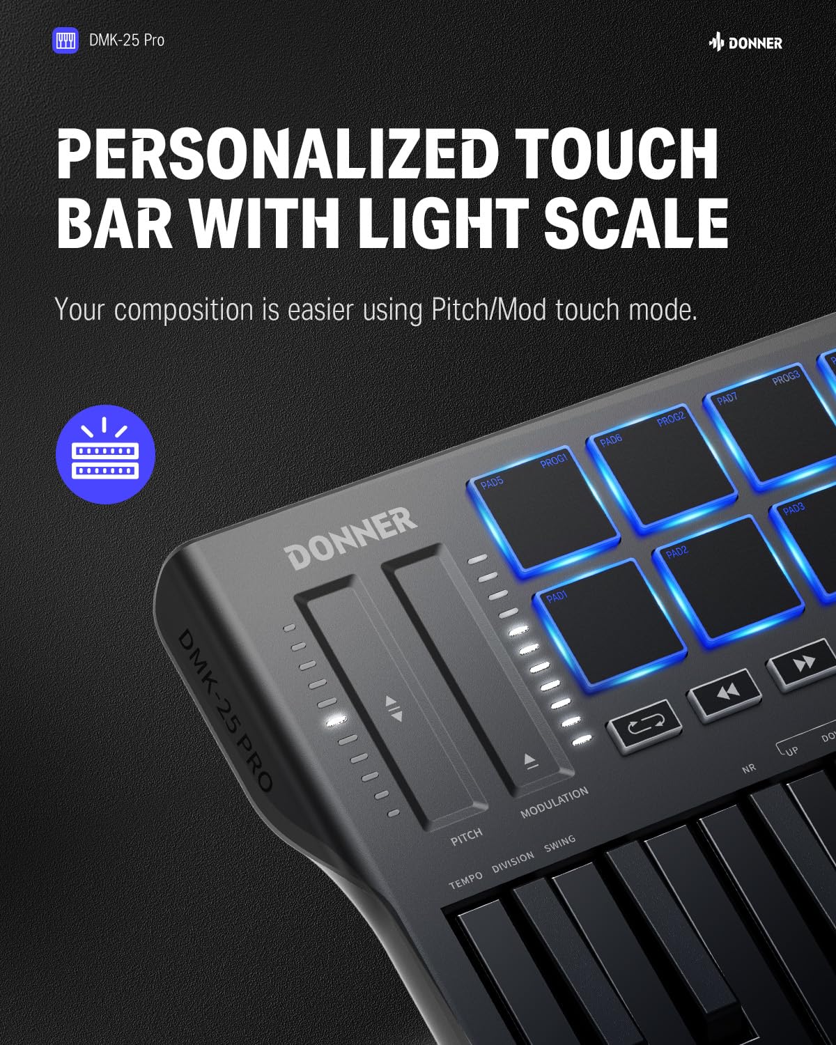 Donner driver de teclado MIDI USB-C con 25 teclas mini teclado MIDI portátil con 8 almohadillas para orejas de batería, visualización OLED, 16 escalas inteligentes, arpegio, repetición, 4 software DAW