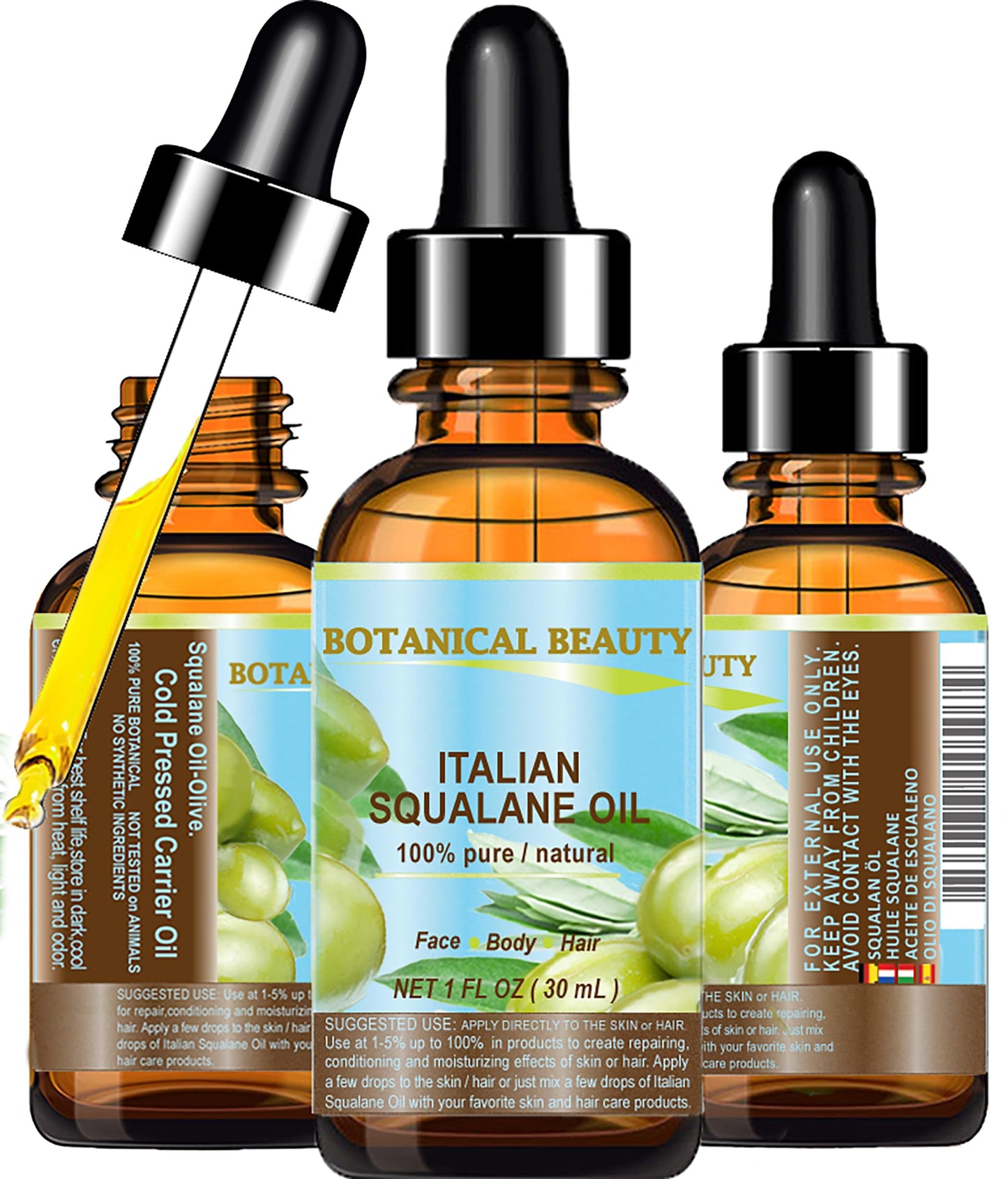 SQUALANE Italian. 100% Pure / Natural / Undiluted Oil. 100% Ultra-Pure Moisturizer for Face , Body & Hair. Reliable 24/7 skincare protection. 1 fl.oz- 30ml. by Botanical Beauty.