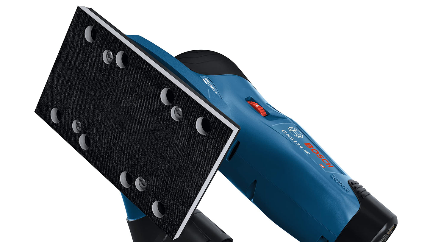 BOSCH GSS12V-40N Lijadora de acabado orbital sin escobillas de 12 V Max con bolsa para polvo, 1/4 y 1/3 hoja (herramienta desnuda)