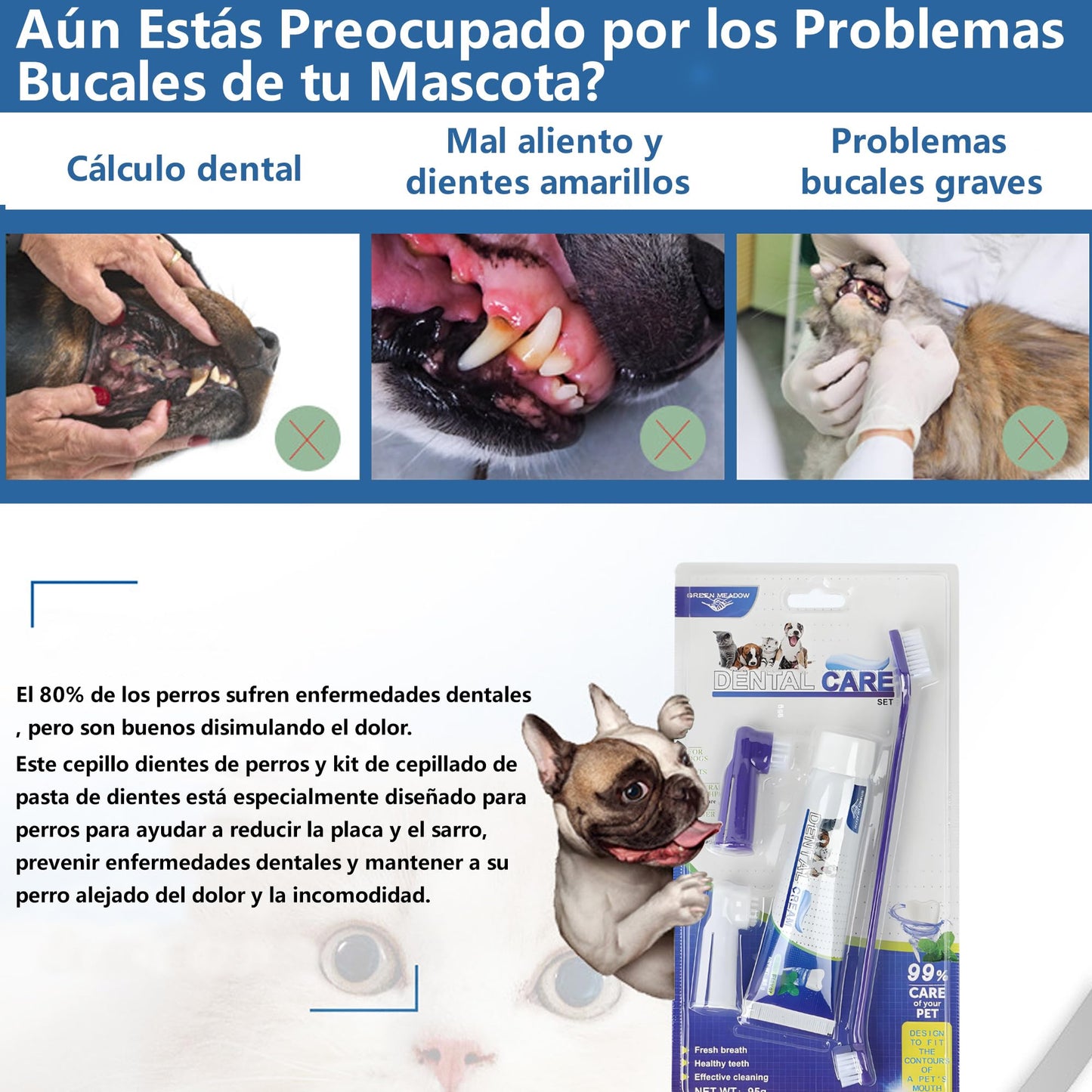 Cepillo Dientes para Perros Kit de Limpieza Sabor a Carne Res para Control de Sarro y Placa