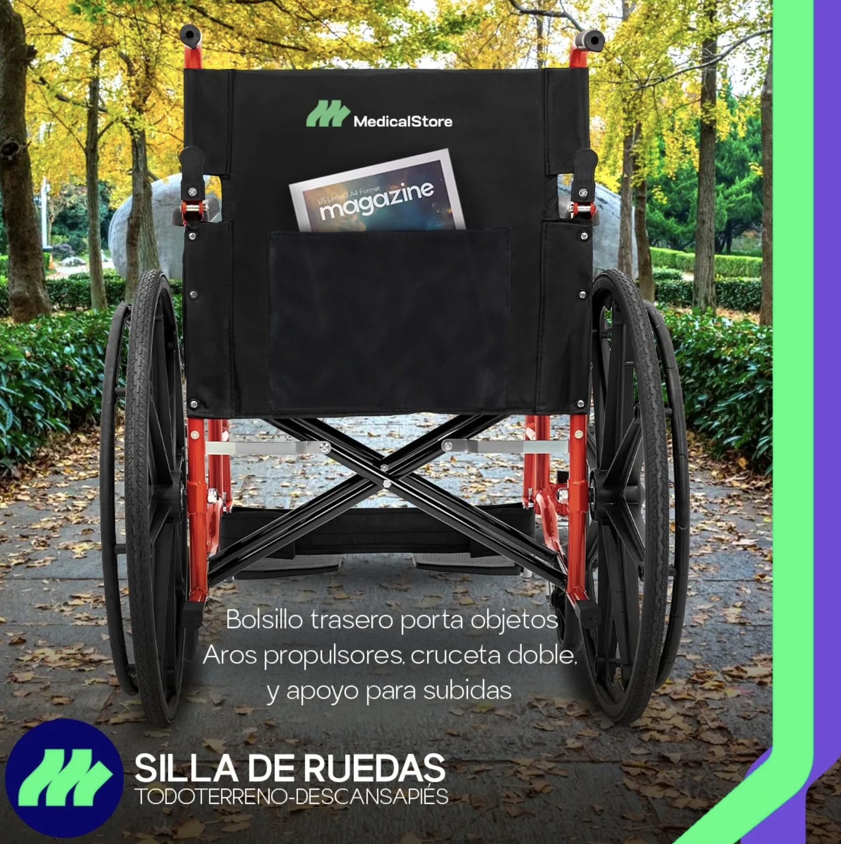 Silla De Ruedas MEDICAL STORE Rojo Todo Terreno Plegable para Adulto Mayor