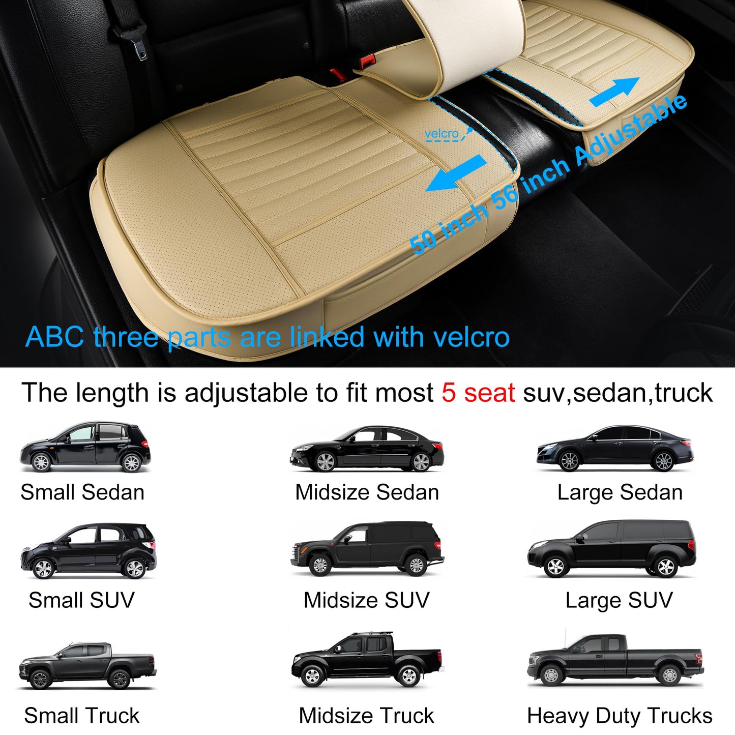 Sunny color Fundas para asiento trasero, cojines para asiento trasero, protector de banco para auto con piel de PU transpirable y fondo antideslizante universal para 4 estaciones (Beige, 155 cm x 52