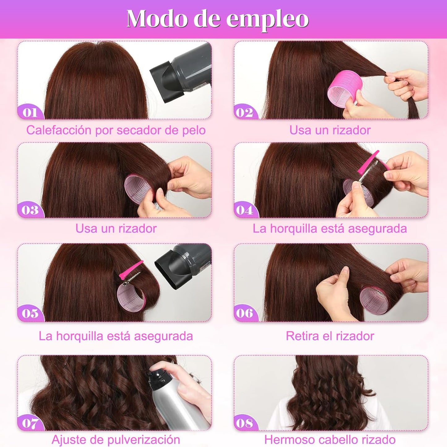 Tubos para Rizar Cabello, 33PCS Rizador de pelo sin calor, tubo de plástico rizador, autodisparador para pelo largo, medio y corto, 3 tamaños. (Rosa03)