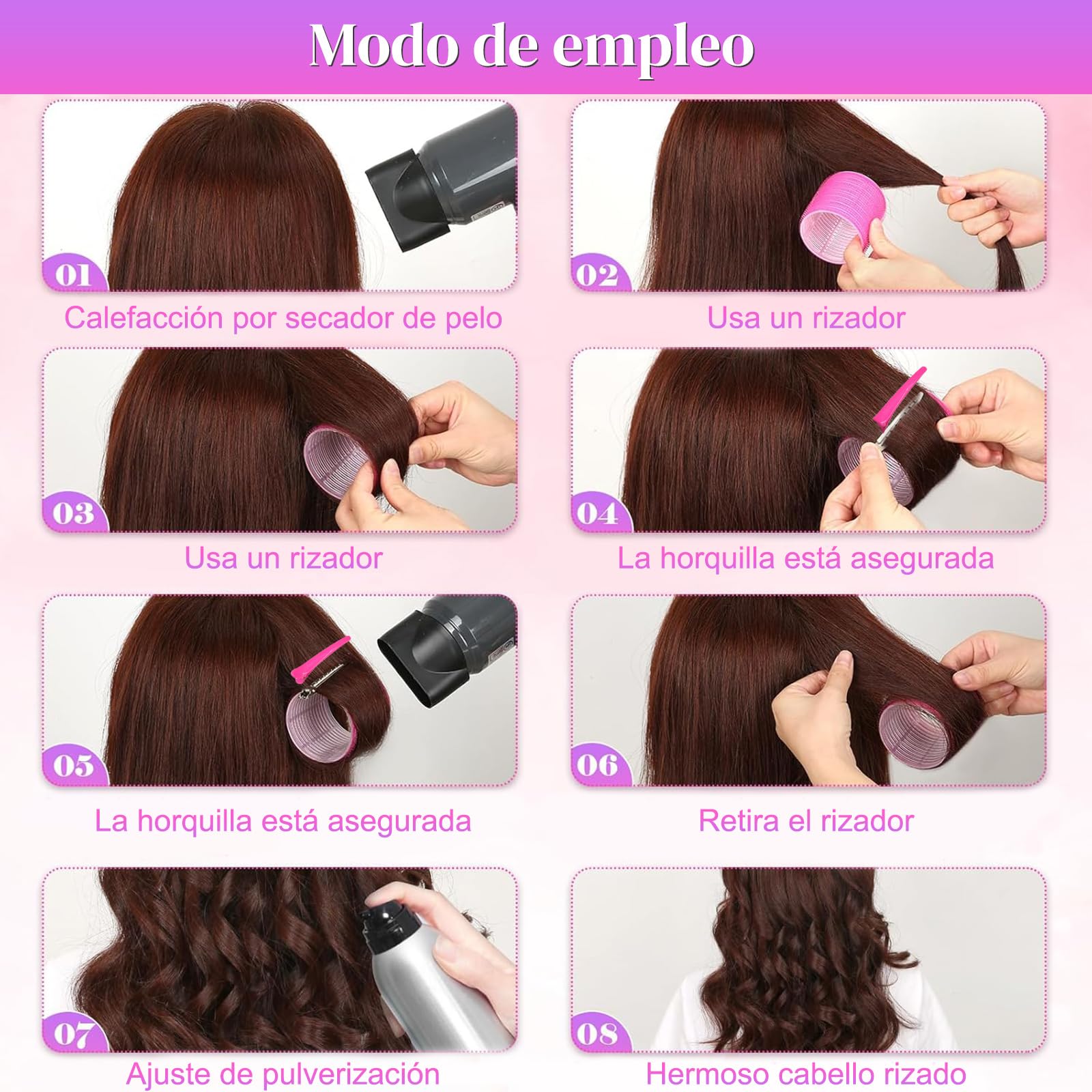 Tubos para Rizar Cabello, 33PCS Rizador de pelo sin calor, tubo de plástico rizador, autodisparador para pelo largo, medio y corto, 3 tamaños. (Rosa03)