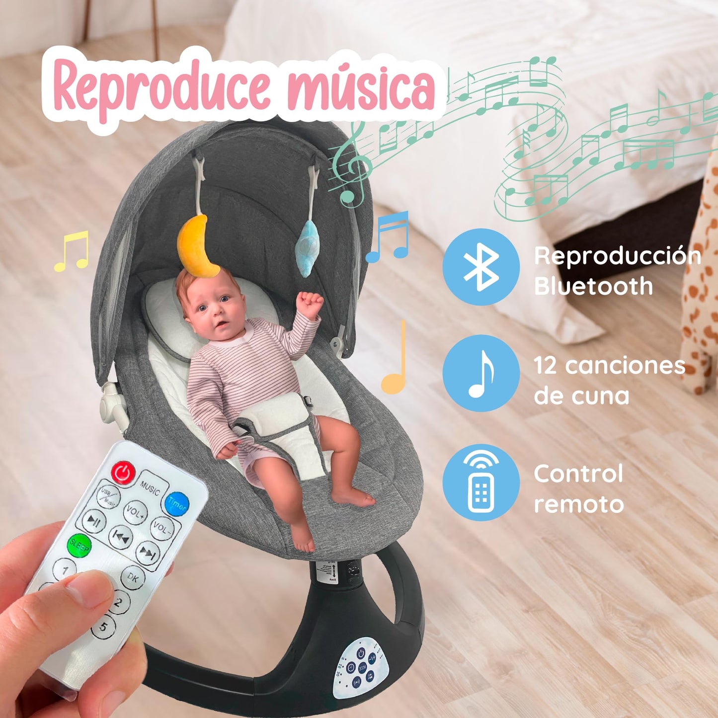 Mecedora Eléctrica YEI Beige con Control Remoto y Juguetes para Bebé