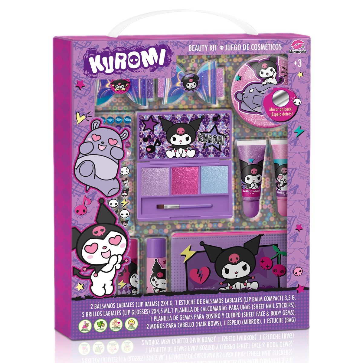 MAKEUPERIA Maquillaje para Niñas de Kuromi, Set de Maquillaje Infantil Lavable con Bálsamos, Brillos, Paleta con Brocha, Clips, Espejo y Bolsa de PVC, Regalo Seguro y Adorable