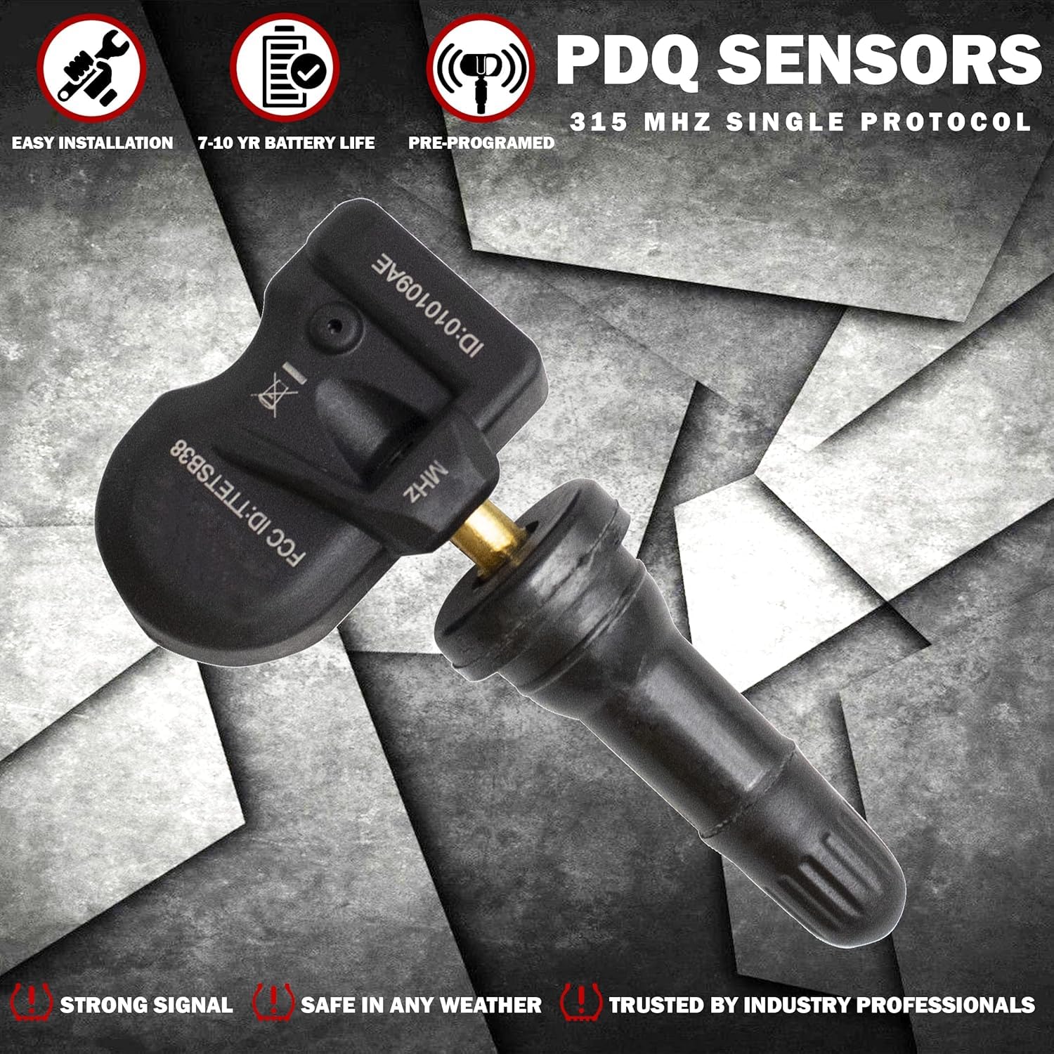 PDQ TPMS - Sensor de presión de neumáticos de 433 MHZ, paquete de 4 vástagos de goma para Chevy GMC Cadillac Buick Pontiac Reemplazo directo para OE Parte # 13533166 | 13542523