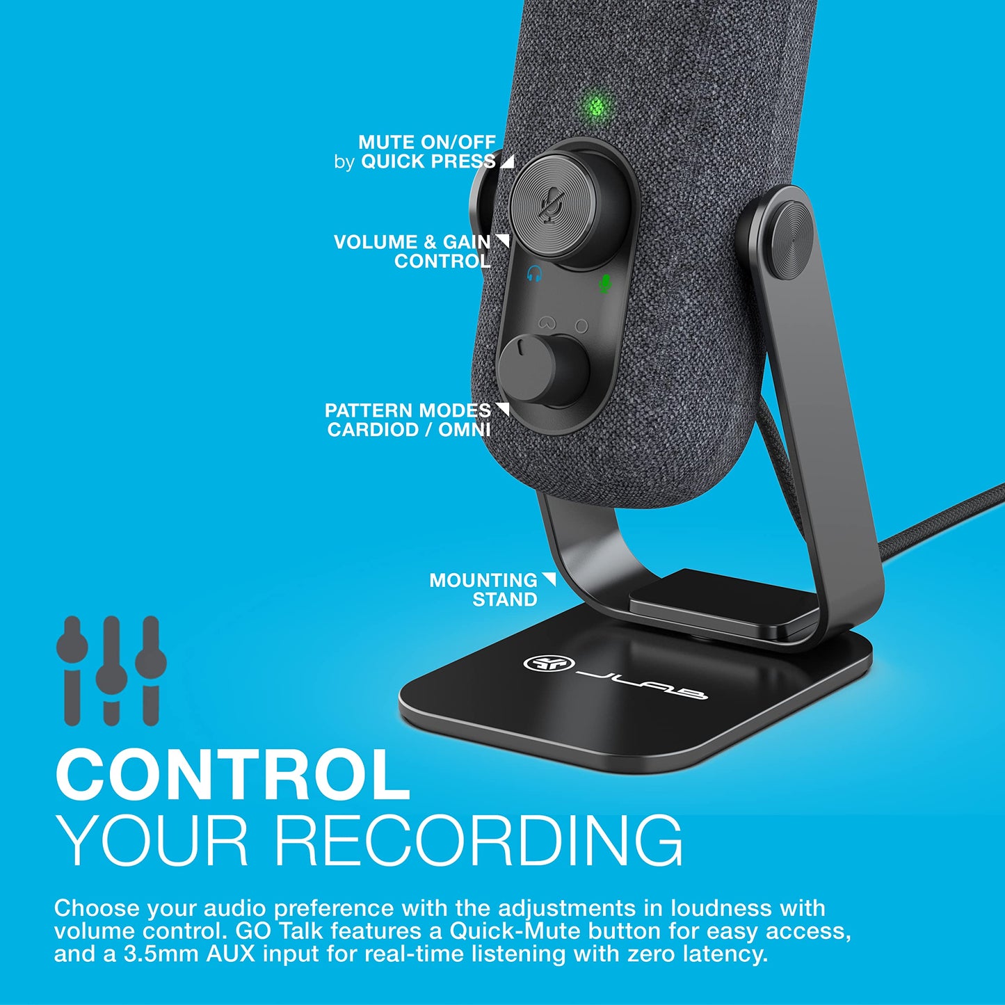 JLab Go Talk Micrófono USB | Negro | Salida USB-C | Cardioide u omnidireccional | Frecuencia de muestreo de 96 K | Respuesta de frecuencia de 20 Hz - 20 kHz | Control de volumen y silencio rápido | AUX de 3,5 mm | Plug and Play