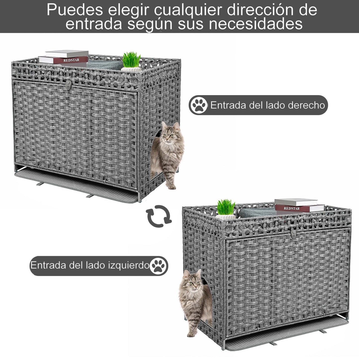 FABATO Arenero para Gato Grande Cerrado - Casa para Gatos Exterior - Puerta Lateral para tu Mascota - Mueble de Mimbre Ratán Tejido a Mano - Incluye Alfombrilla Suave (Gris)