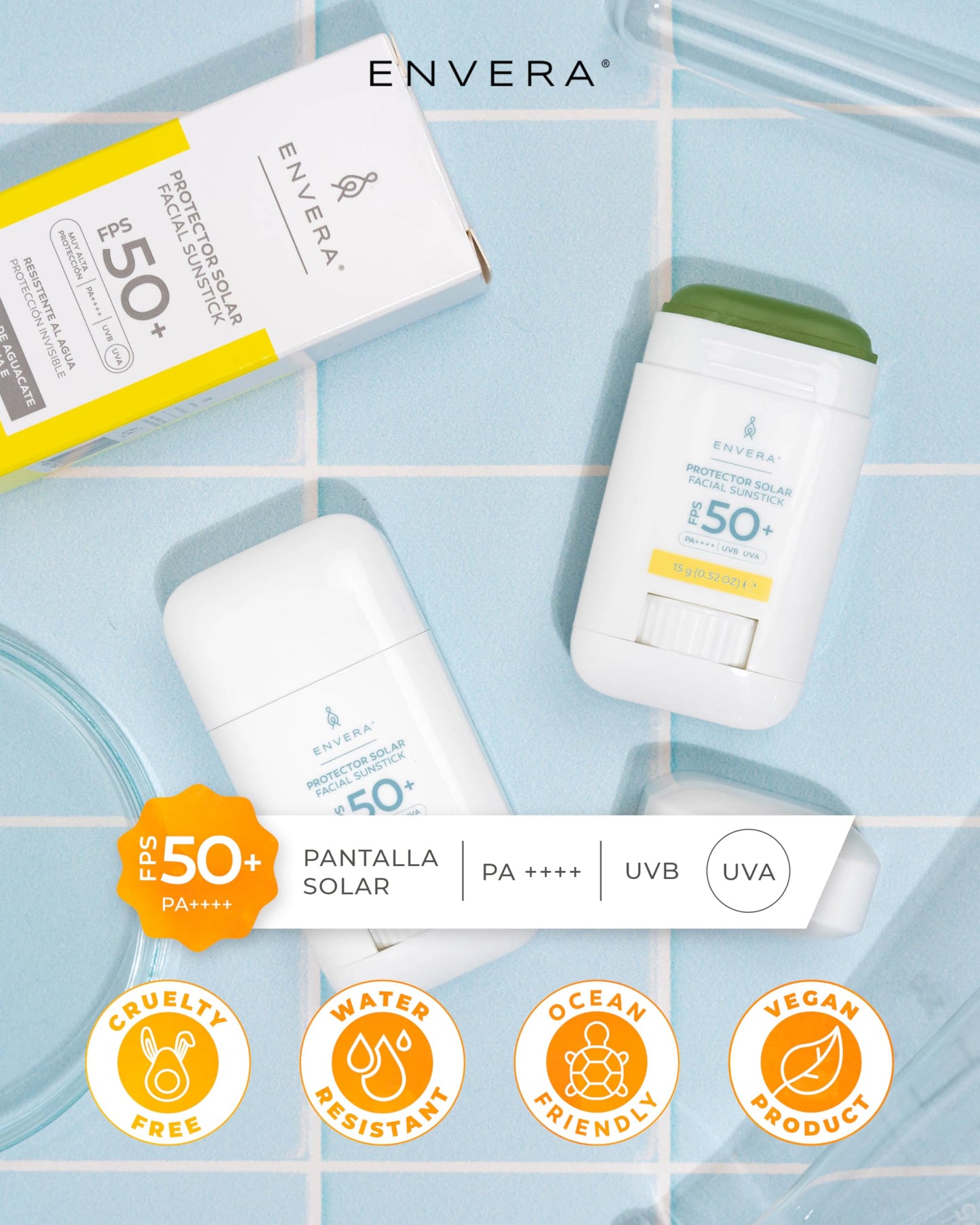 ENVERA | Protector Solar Facial y Corporal 3 en 1: FPS 50+ UVA/UVB, PA++++ | 15gr | Invisible, Humectante, Antioxidantes | Bloqueador Solar en Barra Hipoalergénico | Skincare Vegano