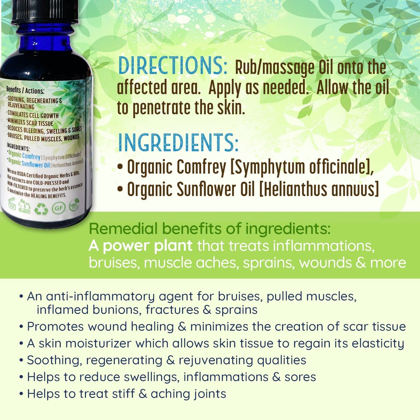 Aceite Orgánico de Consuelda: Regeneración Celular y Reparación de Heridas - Antiinflamatorio Natural para Piel y Cicatrices.