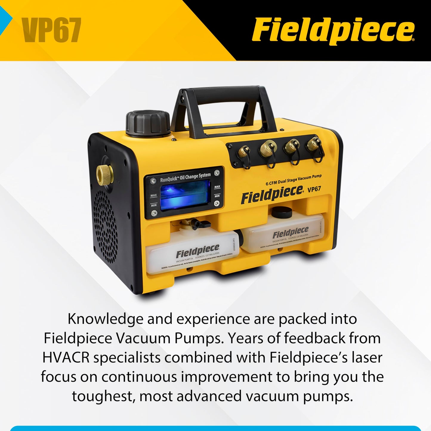 Fieldpiece VP67 - Bomba de aspiradora - 6 CFM, motor CC de 1/2 HP, sistema de cambio de aceite RunQuick - Portátil - Herramienta profesional HVAC - Compatible con A2L