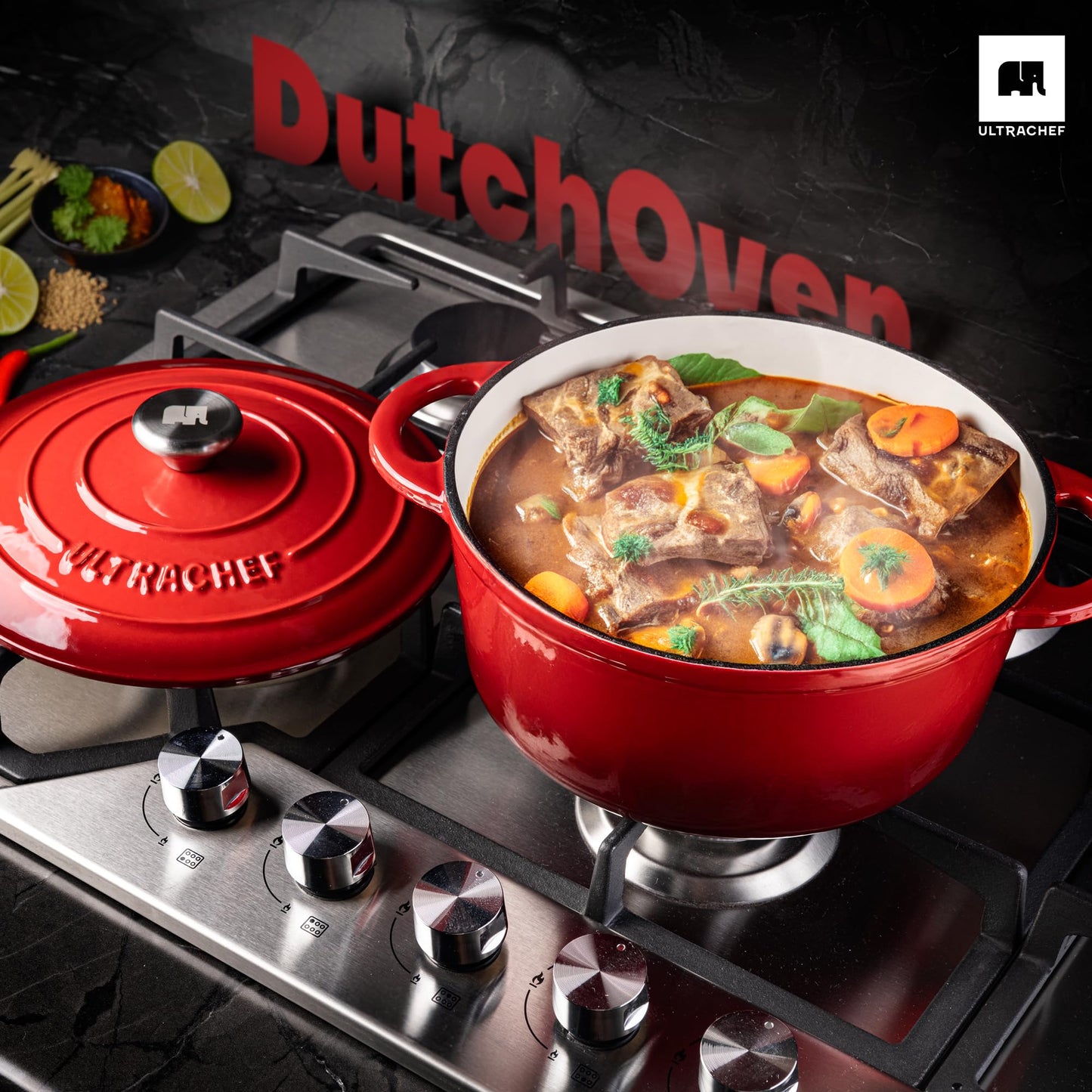 ULTRACHEF Olla de Hierro Fundido Esmaltado para Estufa y Horno | Horno Holandés Cubierto de Hierro Fundido | Dutch Oven | Redonda | Tamaño 24 cm, Capacidad 3.8 Litros, Rojo