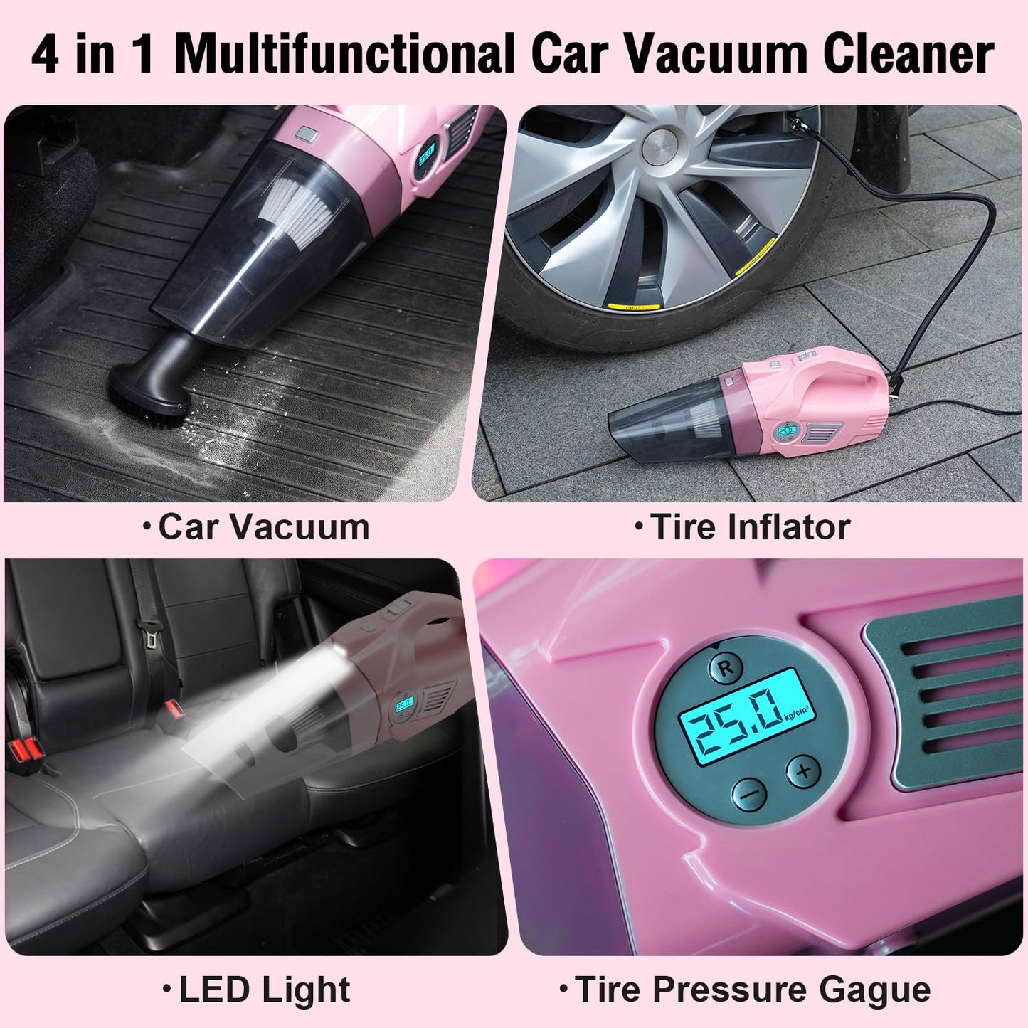 Kit de Limpieza de Coche Vioview Rosa 4 en 1 con Aspirador de 8000 Pa y Cepillo para Detallar para Limpieza Profunda