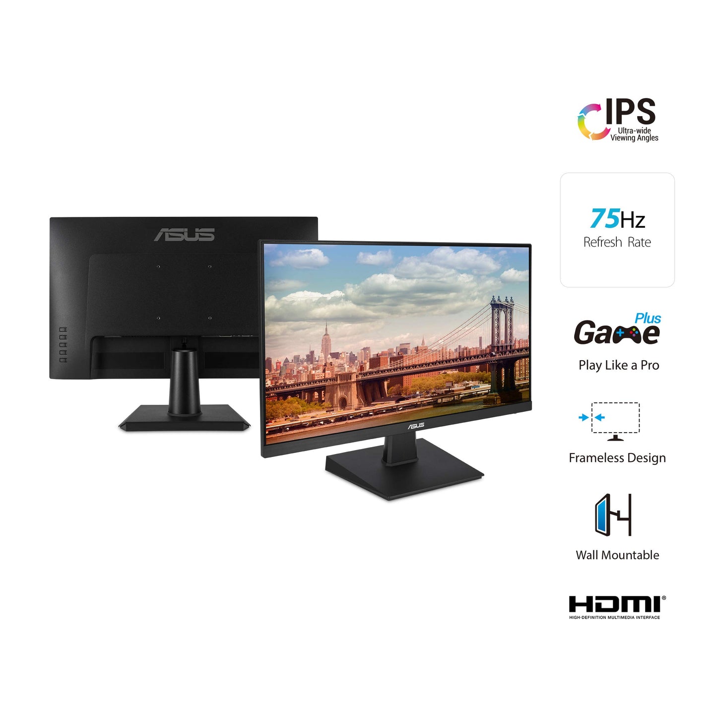 Asus Monitor sin marco 23.8" VA24EHE, panel IPS, 75Hz, Eye Care, Full HD, Adaptive-Sync/ FreeSync, Low Blue Light, Flicker Free, montable en la pared