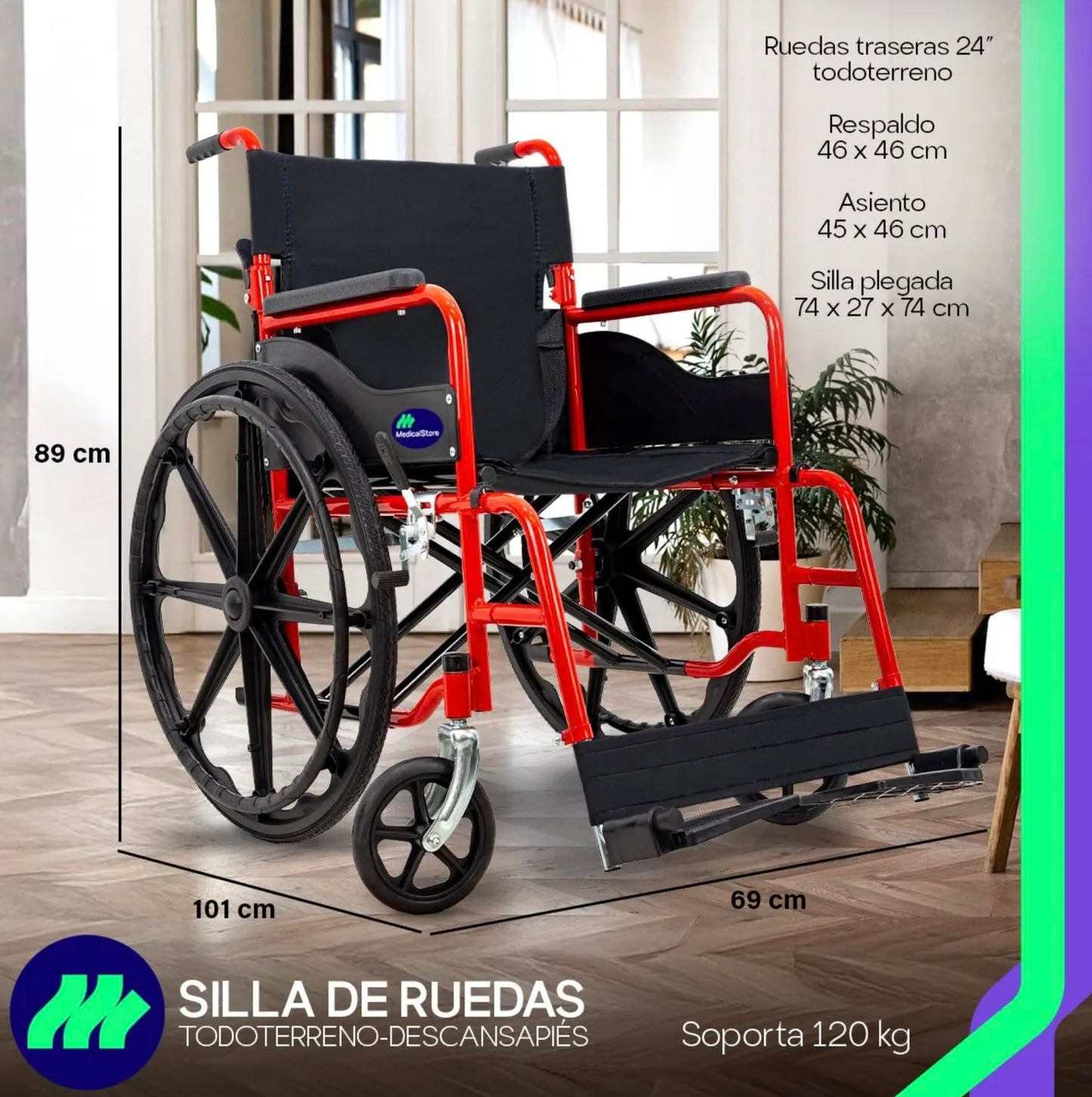 Silla De Ruedas MEDICAL STORE Rojo Todo Terreno Plegable para Adulto Mayor
