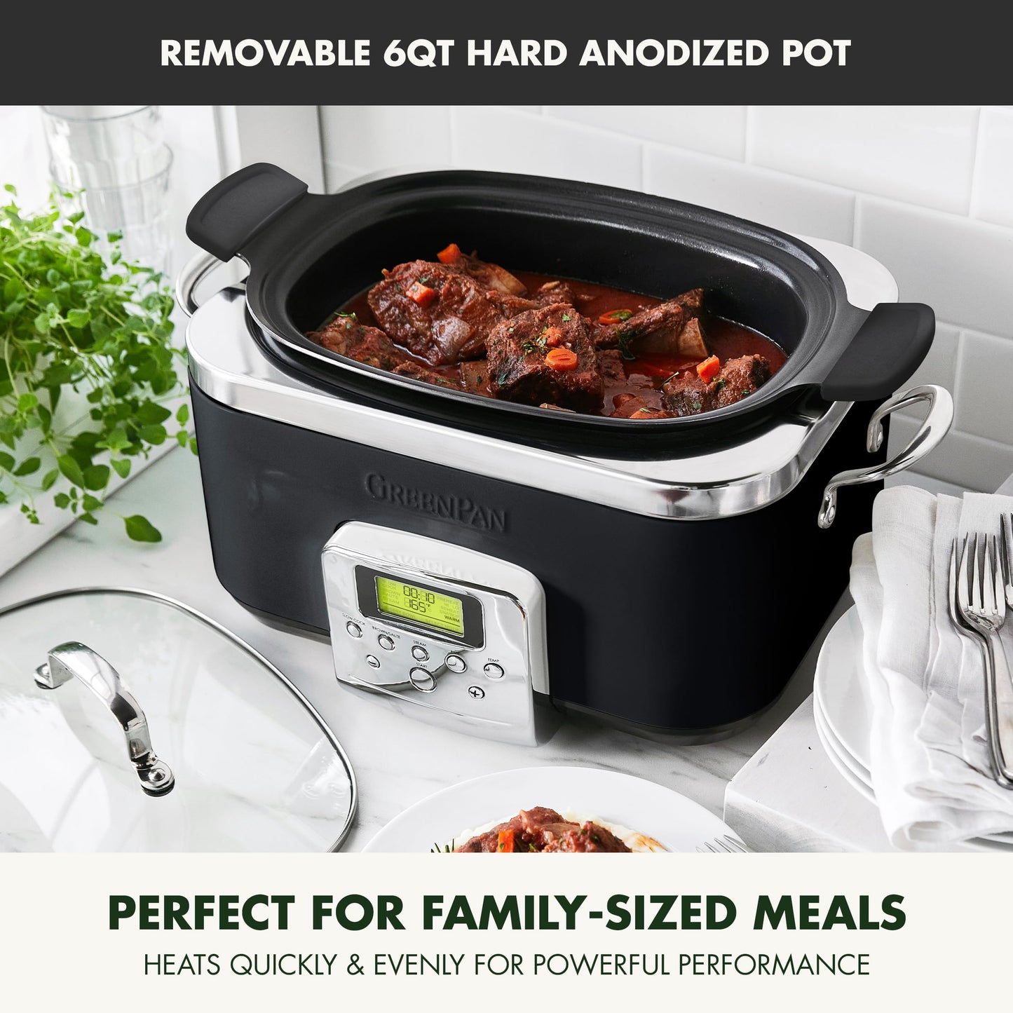 GreenPan Elite 8 en 1 - Olla de cocción lenta eléctrica programable de 6 cuartos de galón, tapa apta para lavaplatos y rejilla extraíble, sin PFAS de cerámica saludable, antiadherente, Sear, saltar