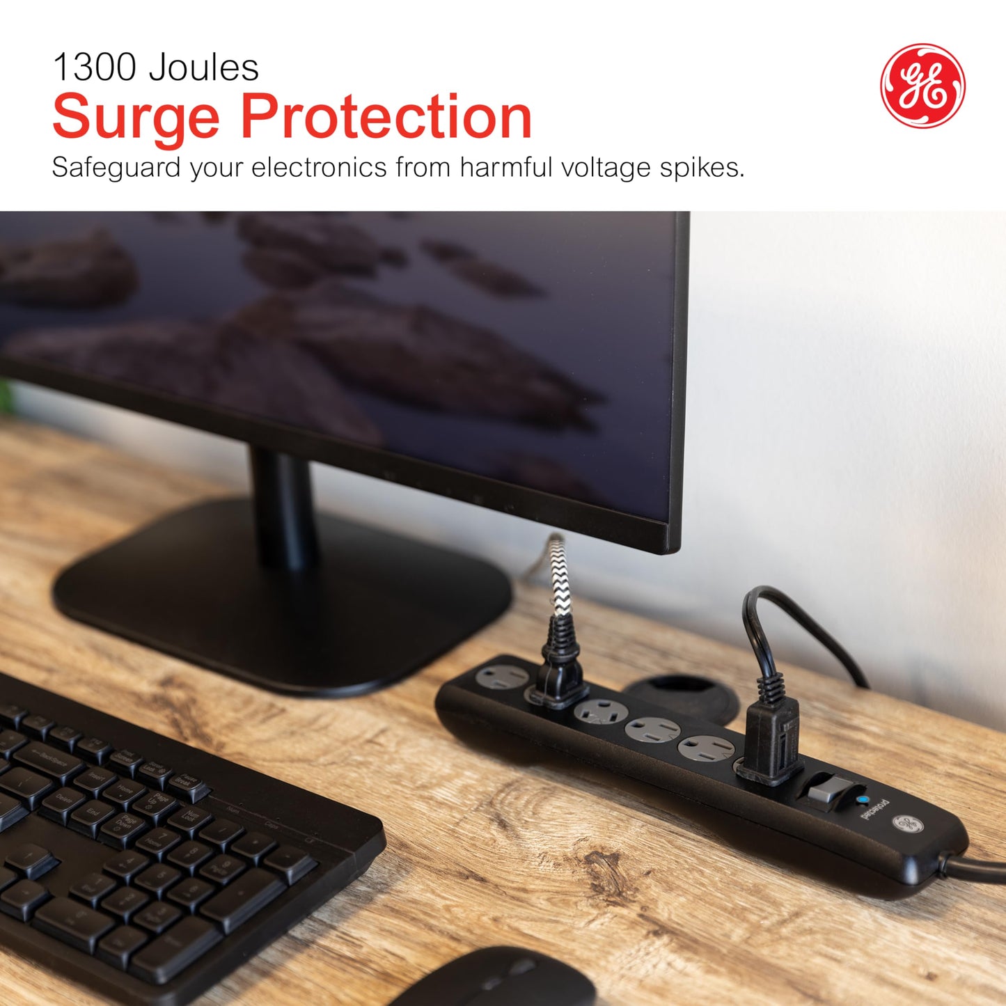 GE Tira Multicontactos De 6 Salidas Con Supresor De Picos Y Enchufe Plano, Cable De Extensión De 2.4 Metros (8 Pies), 1300 Julios, Cubiertas De Seguridad Con Giro Para Cerrar, Negro, 1 Unidad, 33662