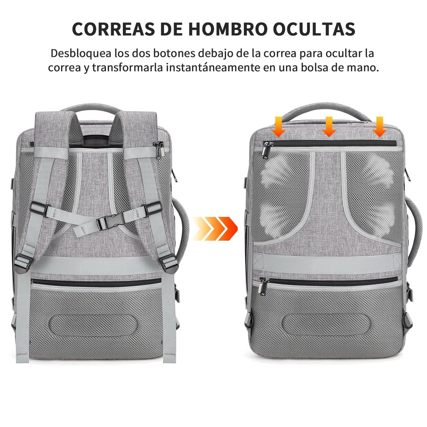 Juego de mochila de viaje de 5 piezas, mochila de equipaje certificada por vuelo extra grande 40 L, maleta expandible con 4 bolsas de almacenamiento, mochila de negocios impermeable, unisex (Gris)
