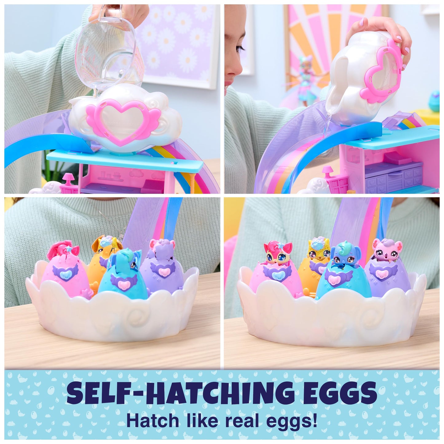 HATCHIMALS Alive, Guardería Arcoiris con 4 Minifiguras en Huevos Que se rompen Solos, 13 Accesorios, Juguetes para niños