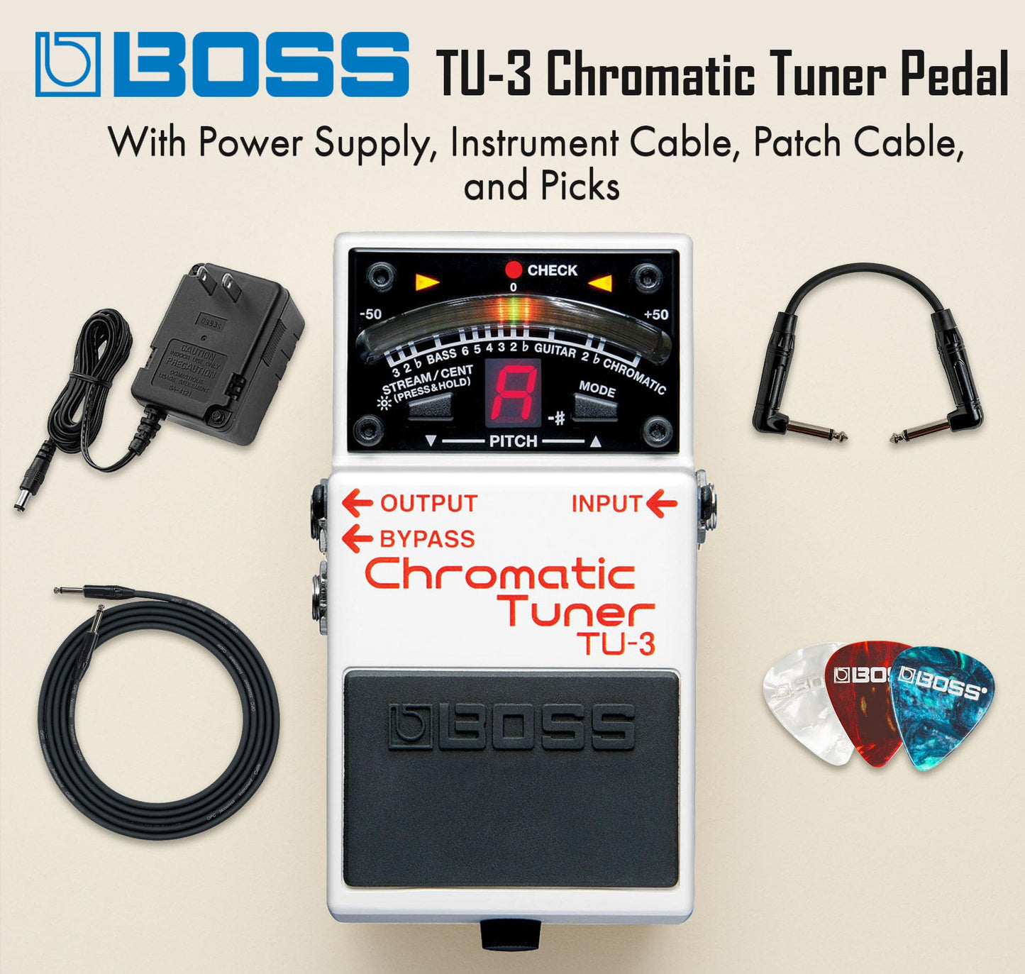 Boss TU-3 Paquete de pedal de afinador cromático con fuente de alimentación Gearlux, cable de instrumento, cable de conexión y púas