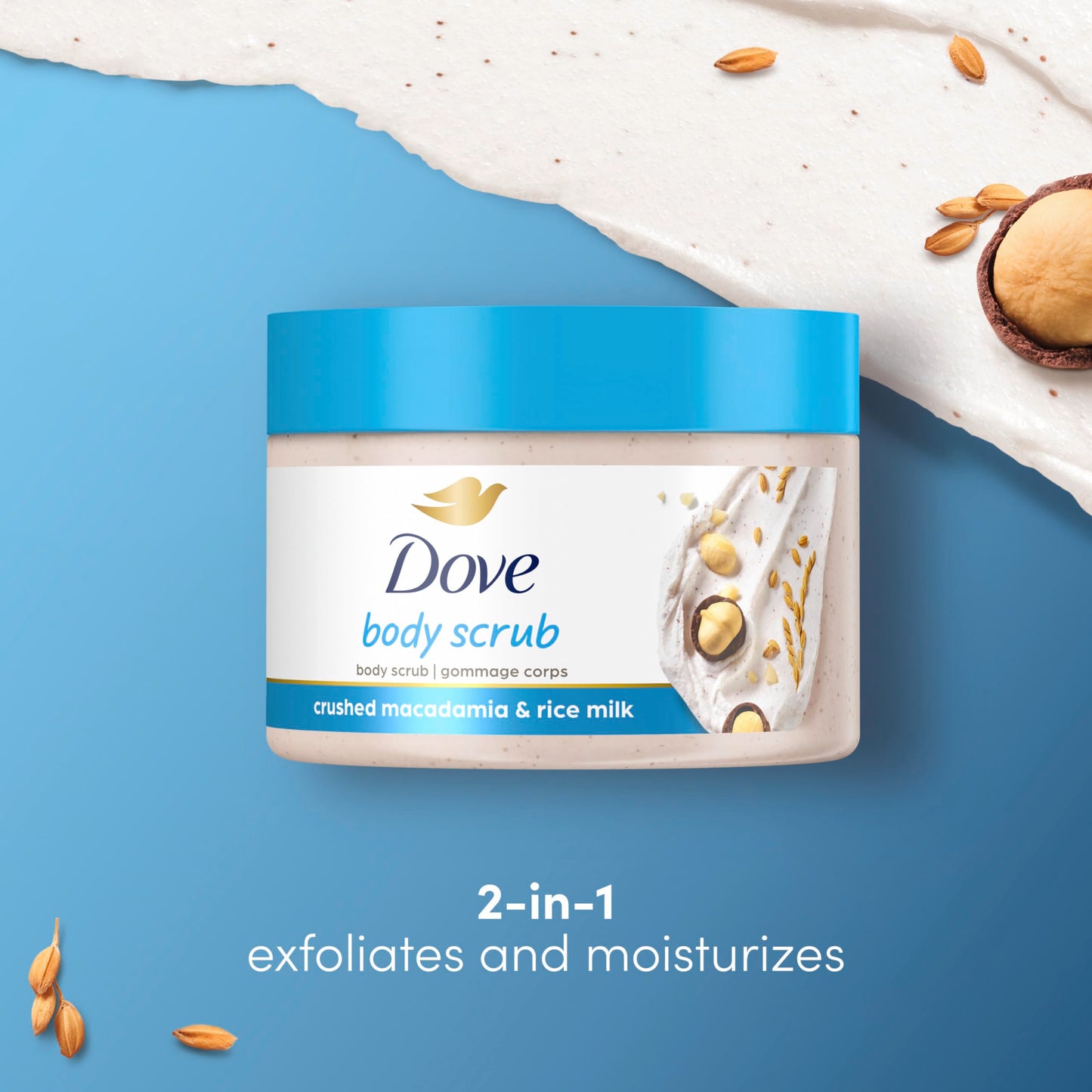 Dove, Exfoliating Body Polish, Macadamia and Rice Milk, Exfoliante Corporal, Macadamia y Leche de Arroz, Piel Suave y Nutrida, Sin Sulfatos, 298 gramos