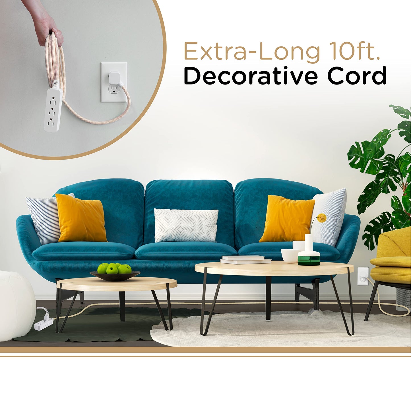 Cordinate Designer 3-Outlet Extension Cord with Surge Protection, Brown Braided Décor Fabric Cord, 10 ft, Low-Profile Plug with Tamper Resistant Safety Outlets, 37916