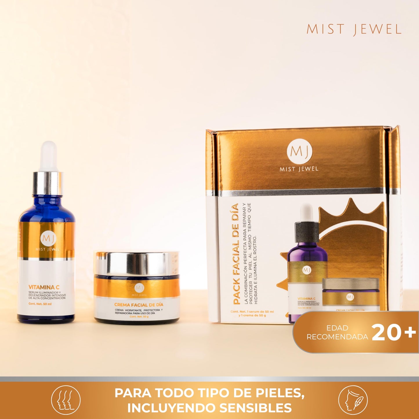 MIST JEWEL |Paquete Facial con serum Vitamina C + E + Ácido hialurónico y Crema de Día fotoprotectora FPS 30 Ácido Ferúlico y Vit C 50g | Skincare facial de máxima proteccion e hidratación para el día