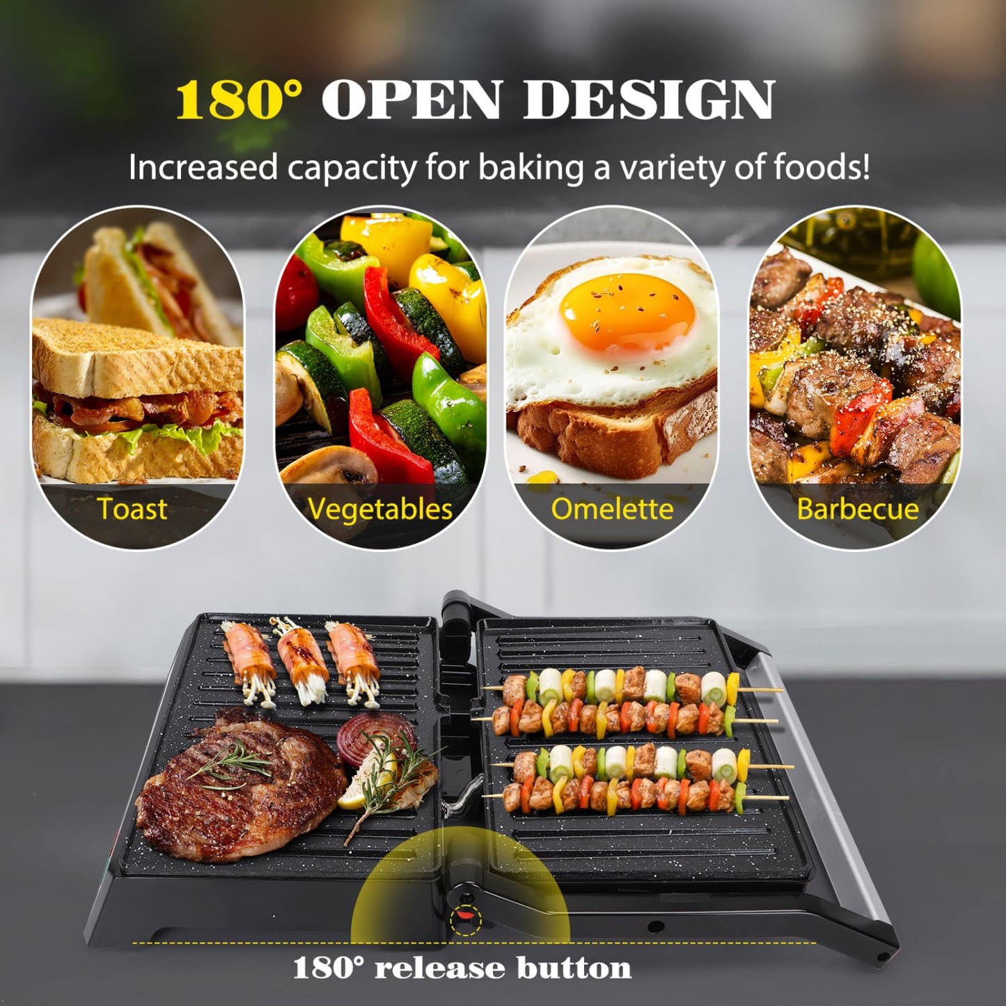 Aigostar Prensa Panini, 1200 W, Parrilla Eléctrica Interior, Placas de Cerámica Antiadherentes, Abre 180° para Adaptarse a Cualquier Tamaño de Alimentos, Negro