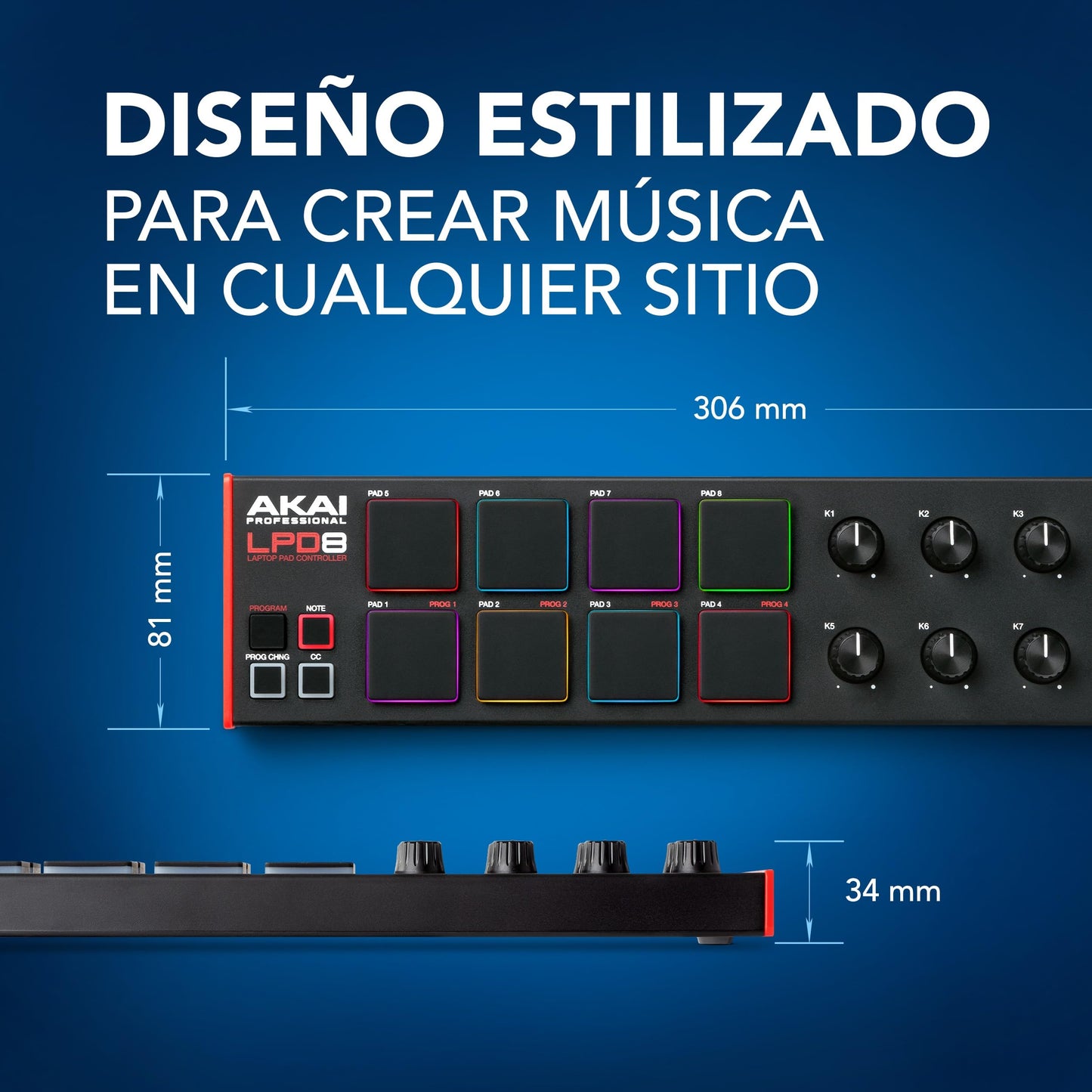 AKAI Professional LPD8 - Controlador MIDI USB con 8 drum pads MPC sensibles para Mac y PC, 8 perillas asignables y software de producción musical