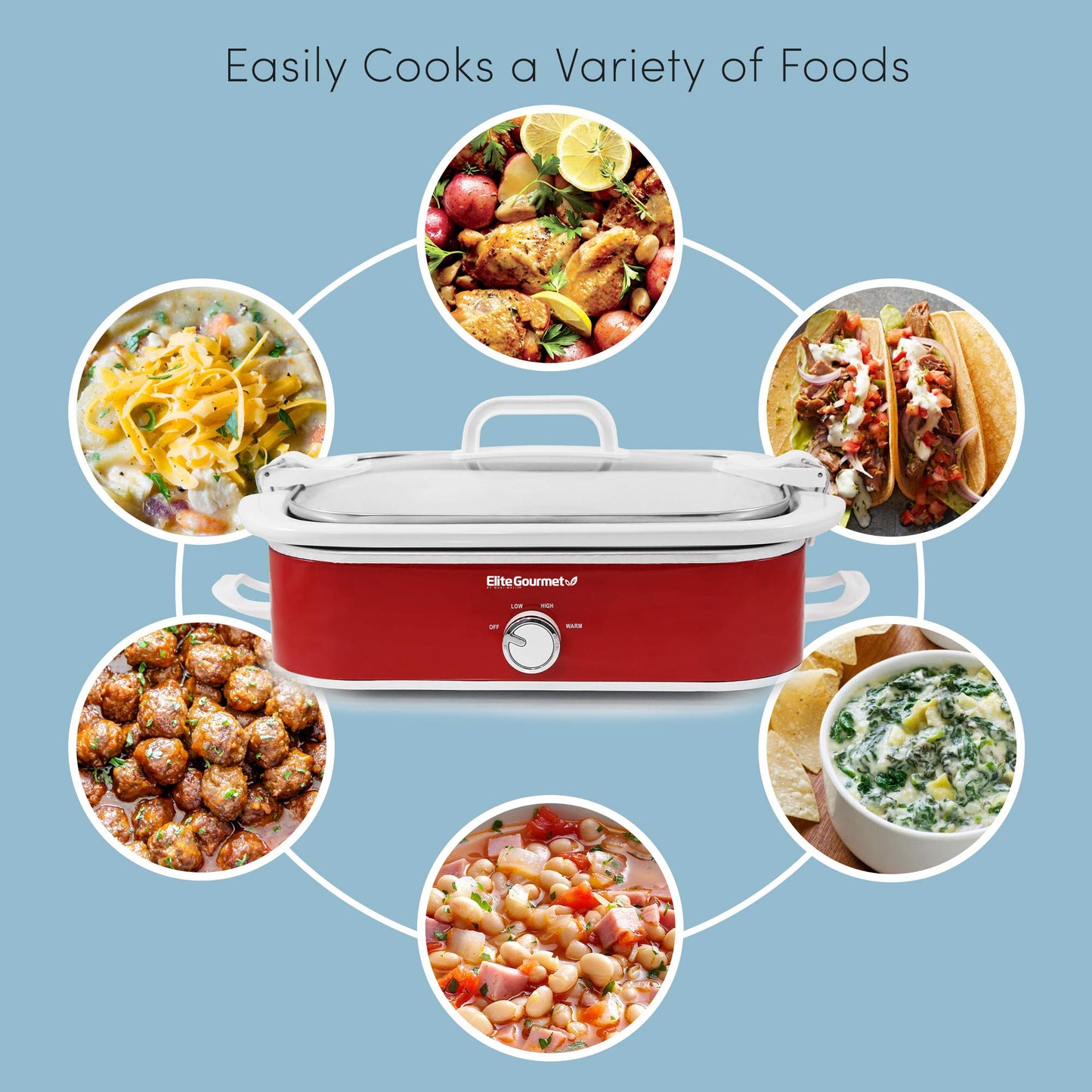 Elite Gourmet MST-5240 Slow Cooker, Locking, Adjustable Temp, Keep Warm Dishwasher-Safe Glass Lid & Casserole Dish, 3.5QtCapacity, 3.5Qt Capacity, Red