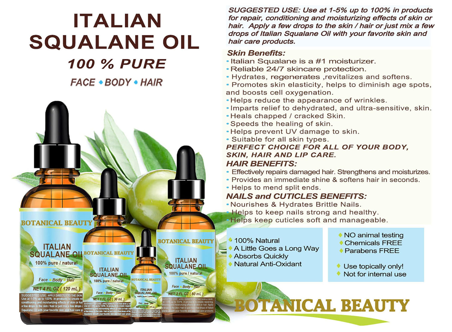SQUALANE Italian. 100% Pure / Natural / Undiluted Oil. 100% Ultra-Pure Moisturizer for Face , Body & Hair. Reliable 24/7 skincare protection. 1 fl.oz- 30ml. by Botanical Beauty.