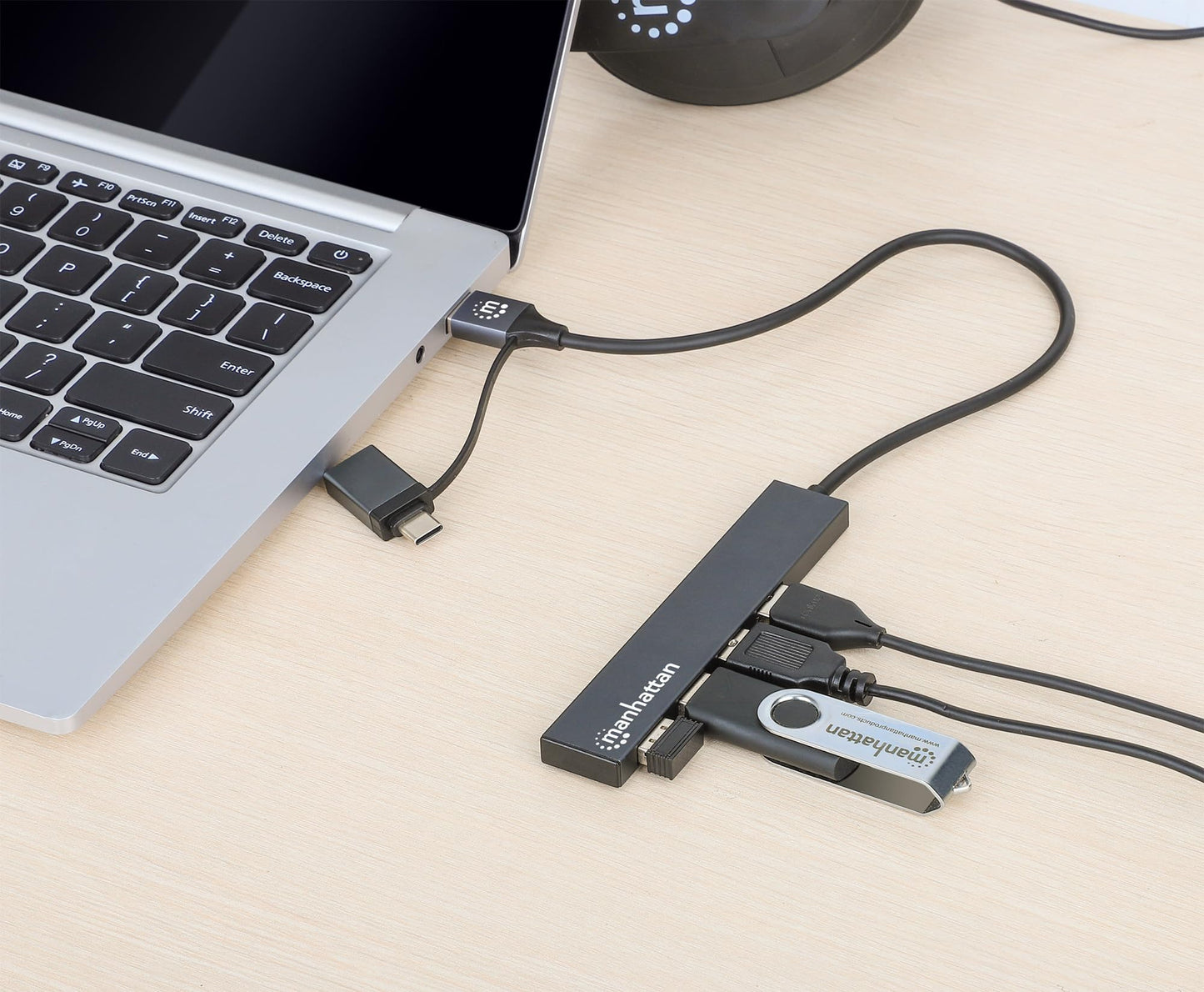 MANHATTAN Hub USB 181006 con 4 Puertos USB 3.2 Gen 1, con Conector Adaptable de USB-A a USB-C, SuperVelocidad de 5 Gbps, Alimentación por Bus, Fabricado en Aluminio, Gris Espacial