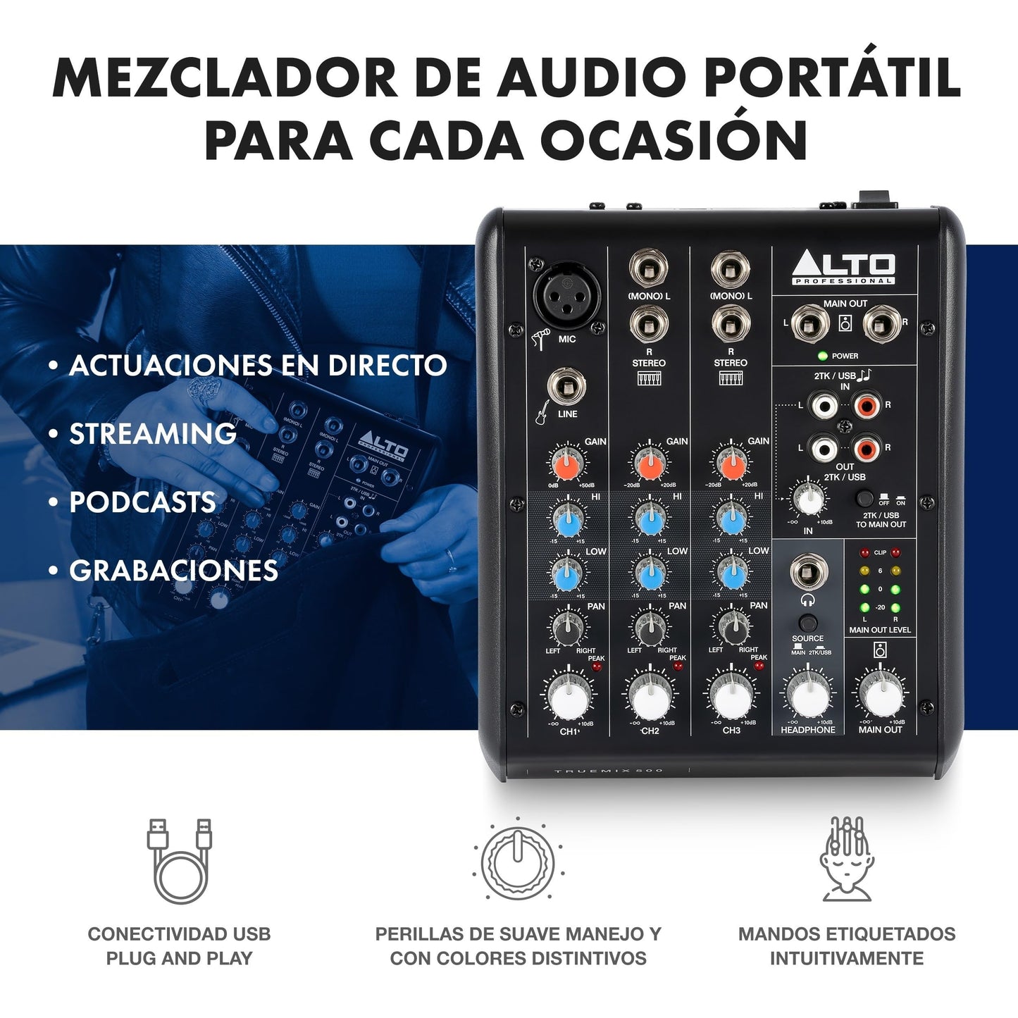 Mezcladora de Audio ALTO TrueMix 500 Interfaz USB Negro para Actuar en Directo y Podcasts