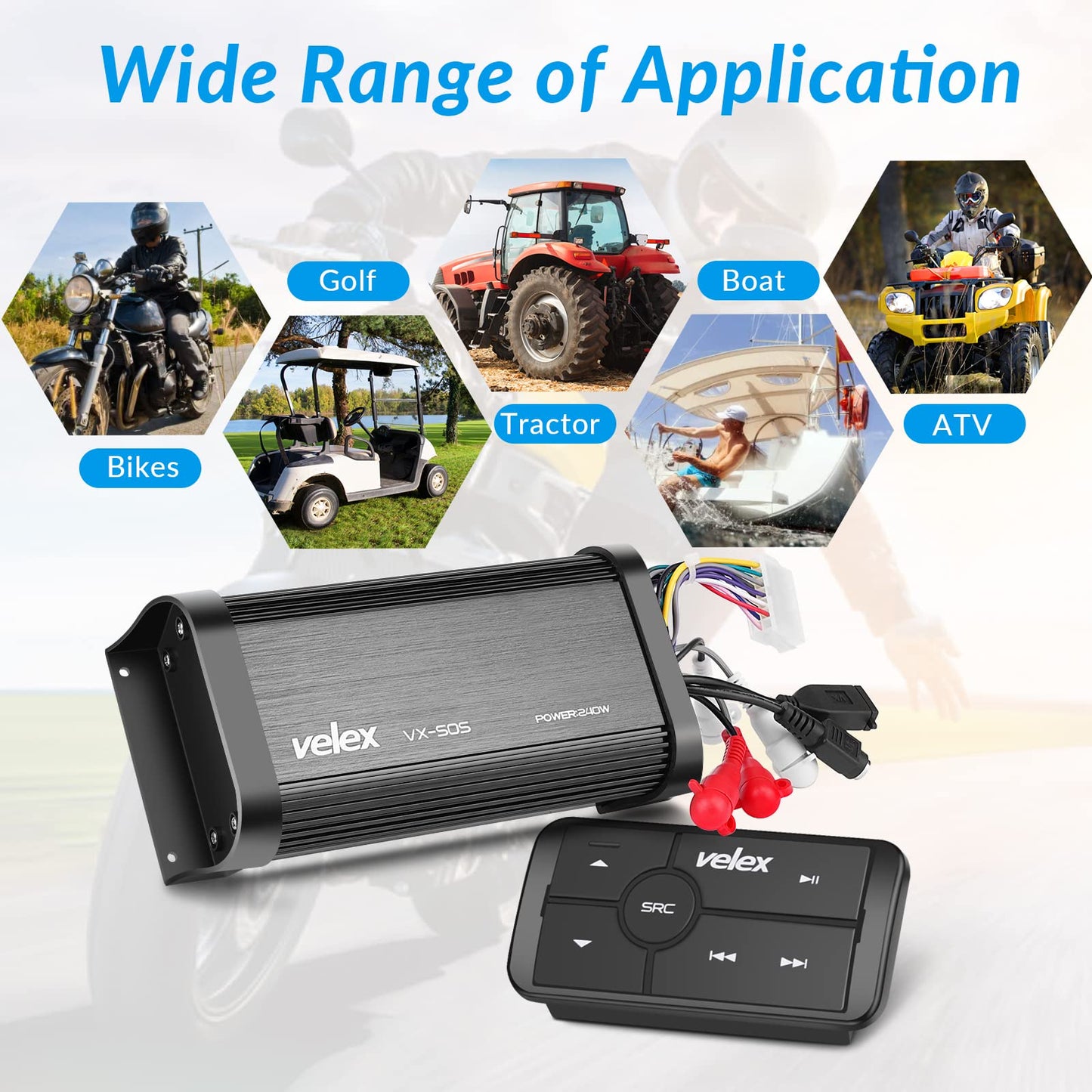 Amplificador Bluetooth Marino VELEX Impermeable 4 Canales para Barco, Golf y Motocicleta