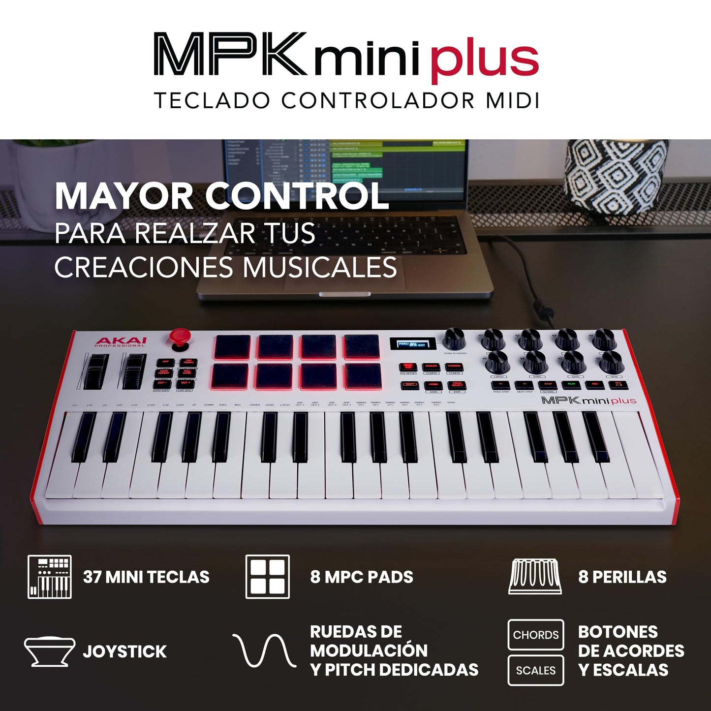 Akai Professional MPK Mini Plus - Teclado Controlador MIDI USB de 37 Mini Teclas con 8 Pads MPC, Secuenciador, MIDI/CV/Gate I/O, Software de Producción y Native Instruments Sound Package, Blanco