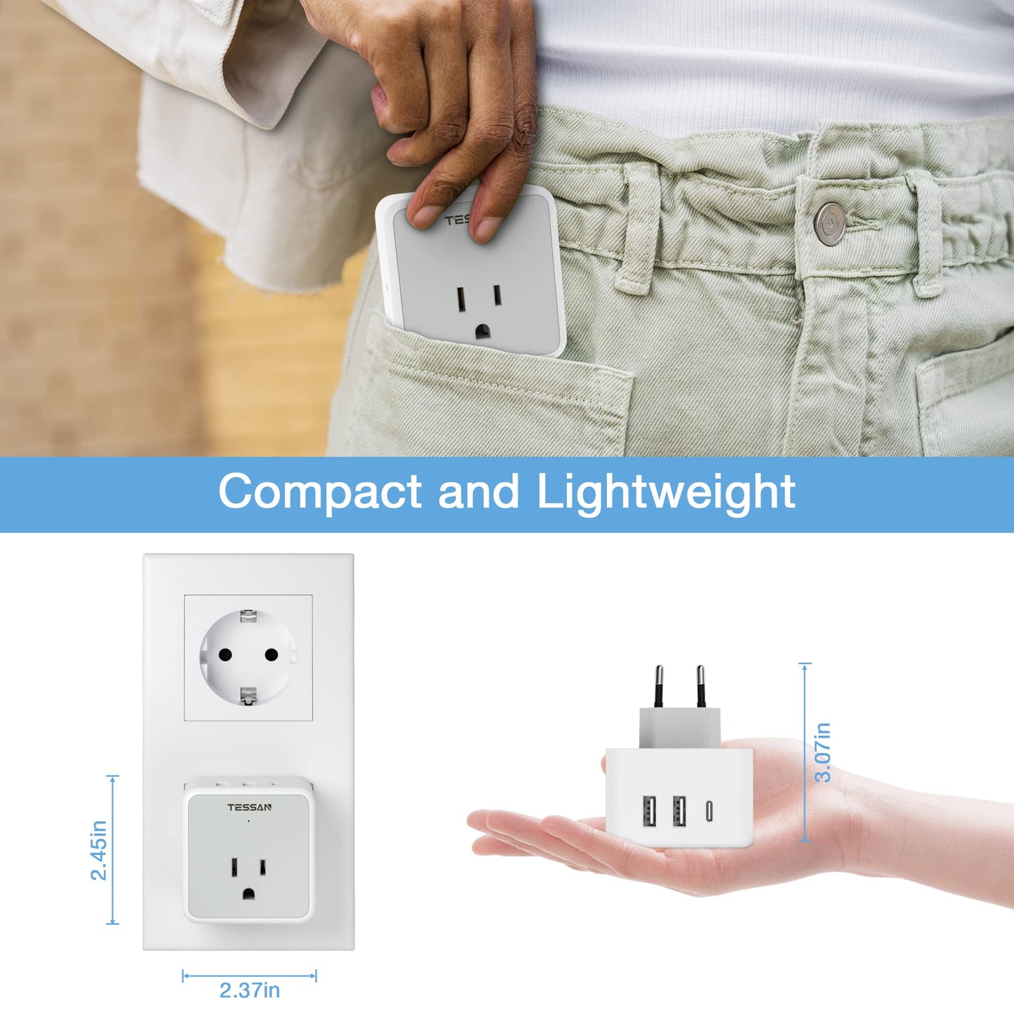 Adaptador de Viaje TESSAN Europeo Blanco con 3 Salidas CA y 3 Puertos USB para Europa