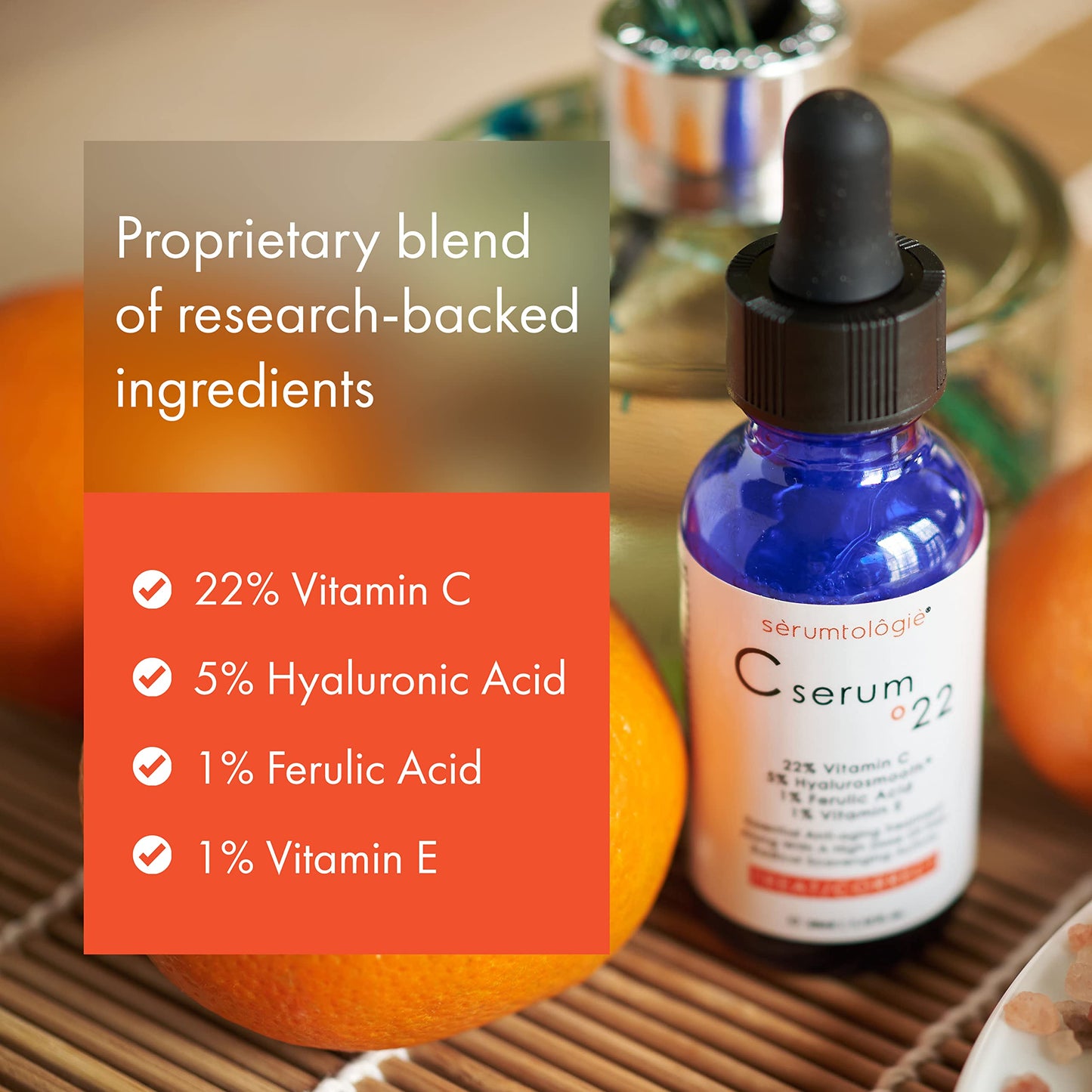 serumtologie Suero de vitamina C – 22% de vitamina C para cara y piel, fórmula rica en antioxidantes con 5% de ácido hialurónico, 1% de ácido ferúlico, 1.2 onzas