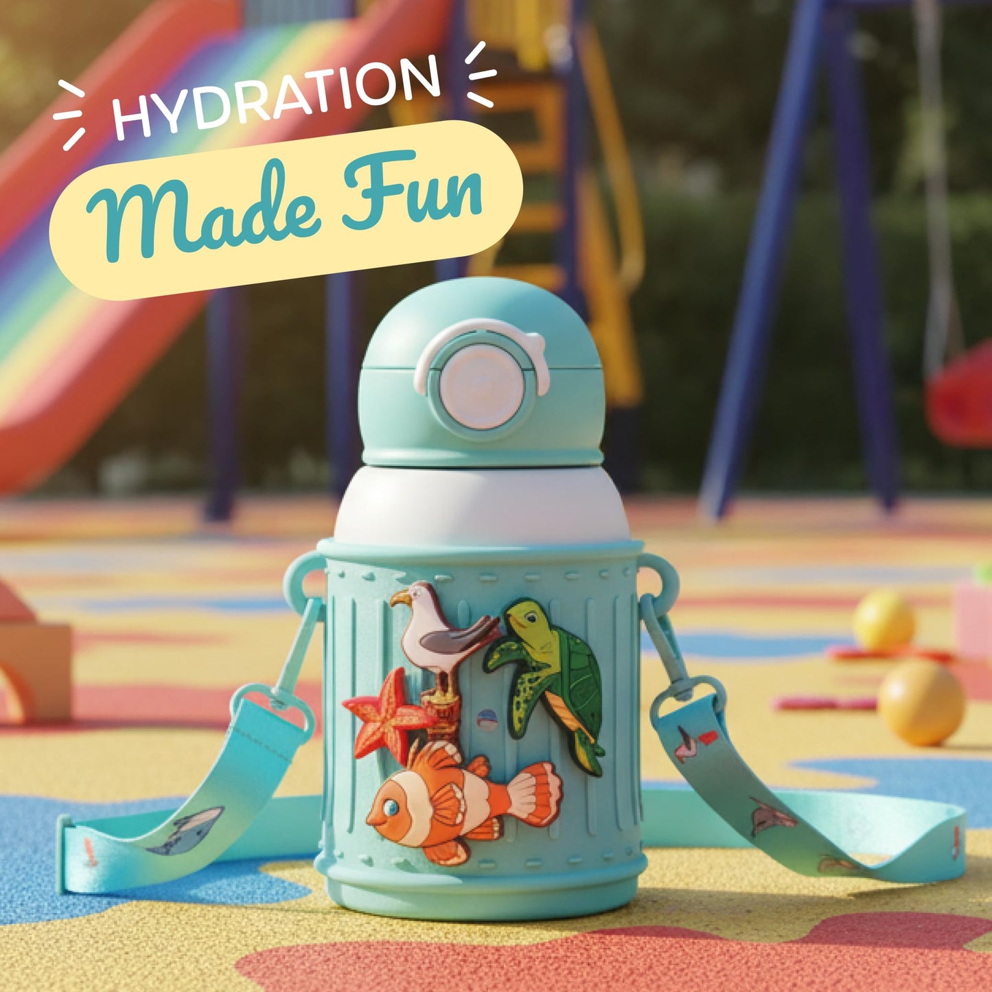 Le Glacier - Juego de vasos aislantes para niños, 16 onzas, botella de agua de acero inoxidable con tapa de popote y tapa para verter, taza a prueba de fugas, funda de silicona, dijes y correa