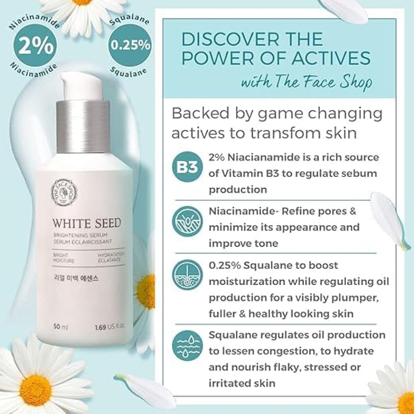 The Face Shop Anti Aging Serum Facial Moisturizer, Advanced Brightening and Skin Repair with Natural White Seed Extract - 1.69 Oz 50 mL