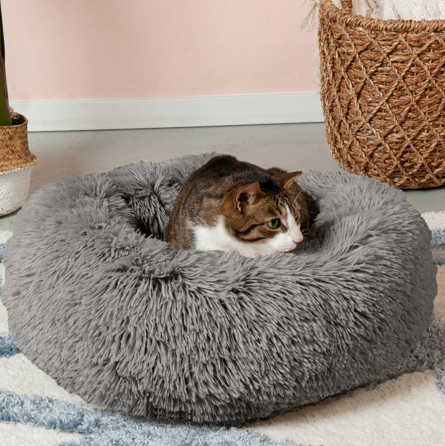 Furhaven 23" Round Small Donut Dog Bed Plush Long Faux Fur Calming Cuddler, Washable - Gray, Small