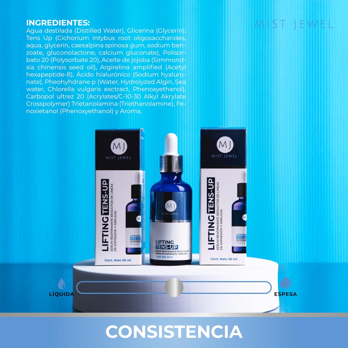 MIST JEWEL Serum facial con efecto tensor lifting Tens-Up, con ingredientes antiedad y ácido hialurónico para cuidado facial de 50ml | suero reafirmante reductor de arrugas y lineas de expresion en rostro y cuello