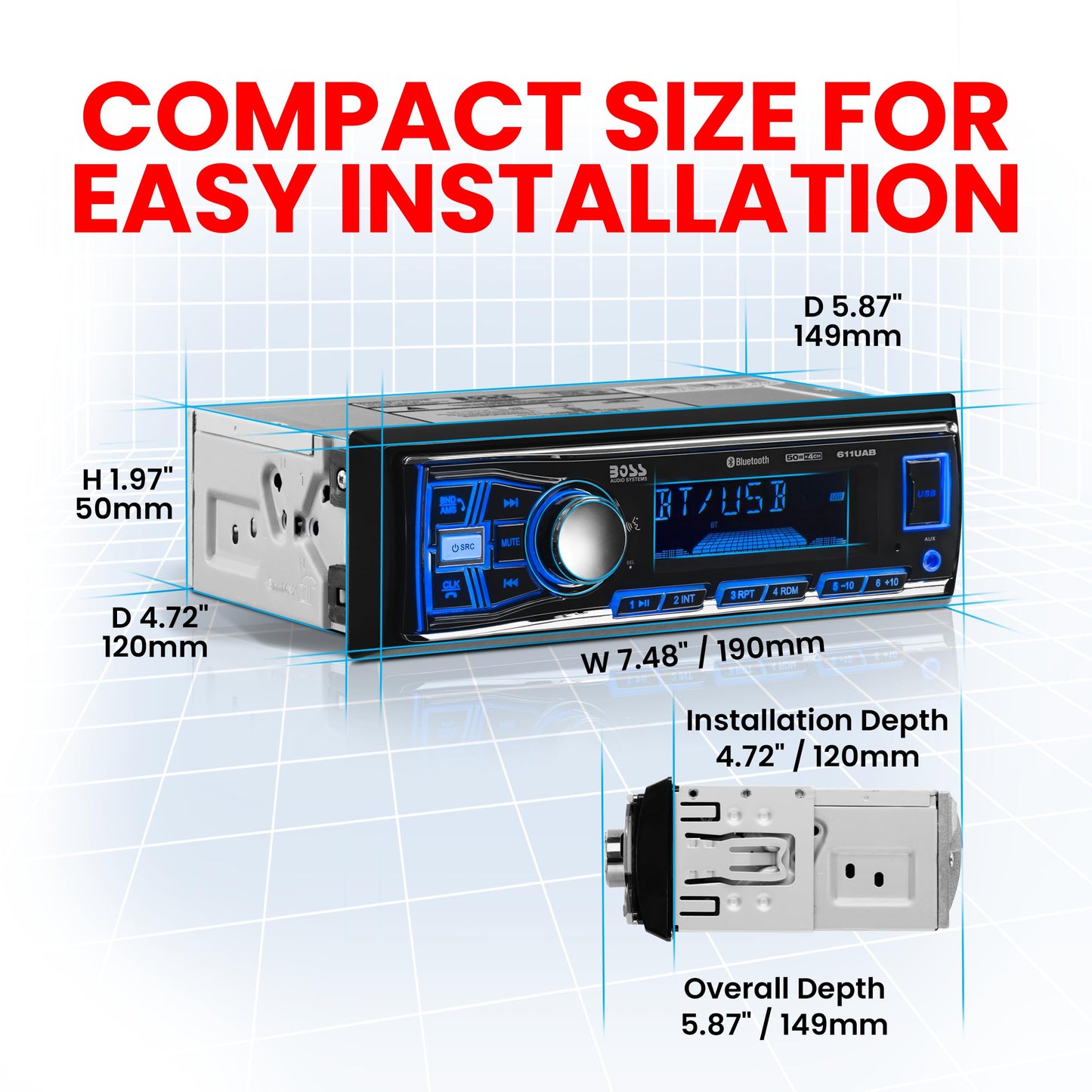 BOSS Audio Systems 611UAB Multimedia Car Stereo – Single Din, audio Bluetooth y llamadas manos libres, micrófono integrado, reproductor de MP3, sin reproductor de CD/DVD, puerto USB, entrada AUX, receptor de radio AM/FM