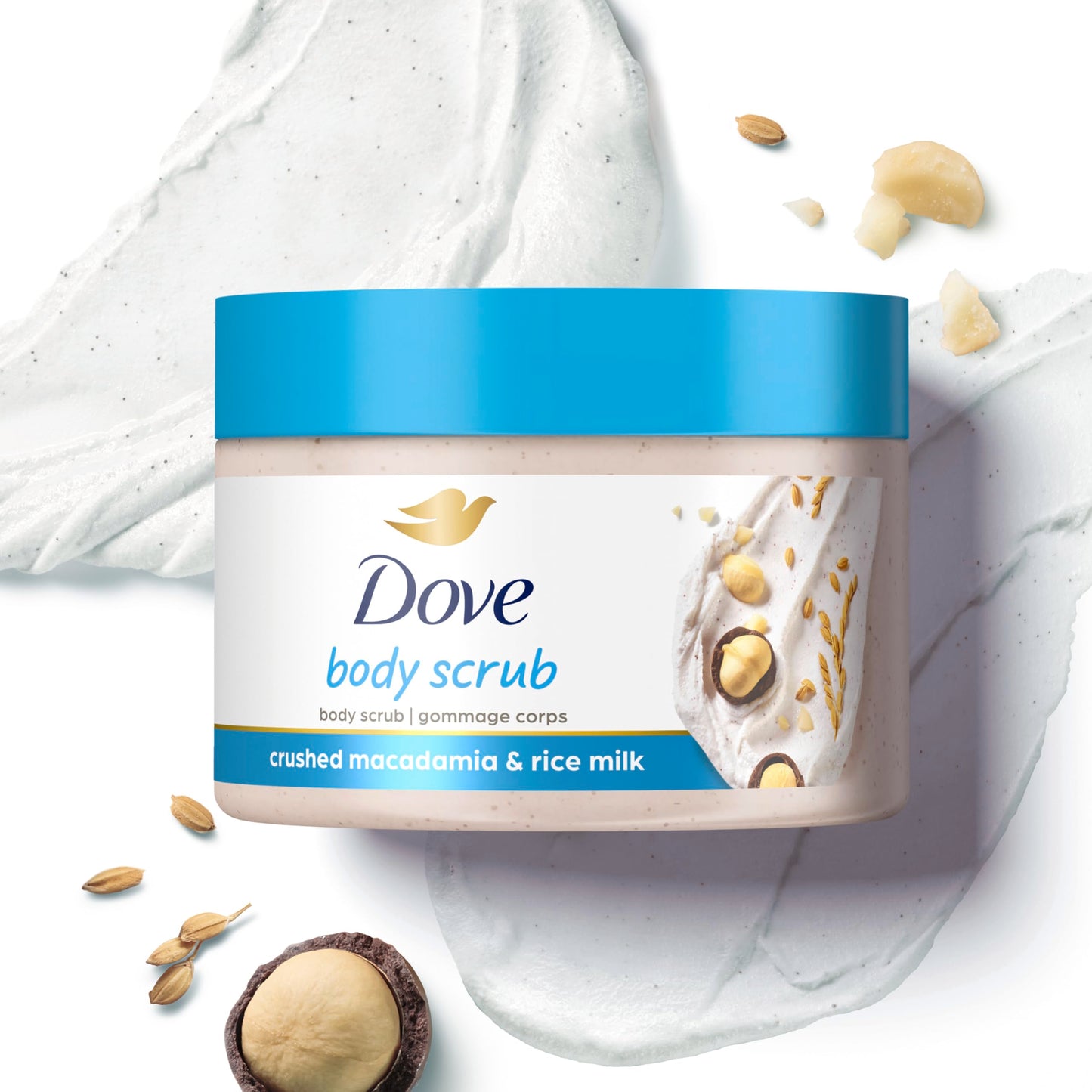 Dove, Exfoliating Body Polish, Macadamia and Rice Milk, Exfoliante Corporal, Macadamia y Leche de Arroz, Piel Suave y Nutrida, Sin Sulfatos, 298 gramos