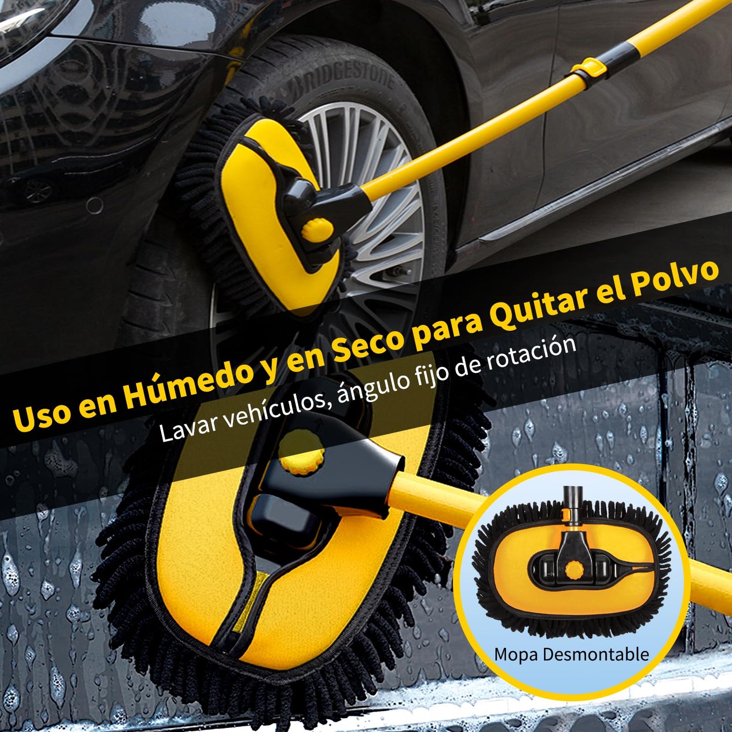 Benanei Cepillo para Lavar Carros Curvado 15°con Mango Largo, Kit de Limpieza para Auto, Chenilla Cepillo para Auto con Poste Extensible 50-120cm, para Lavar Coches, Limpiar Cristales, Fregar, Hogar