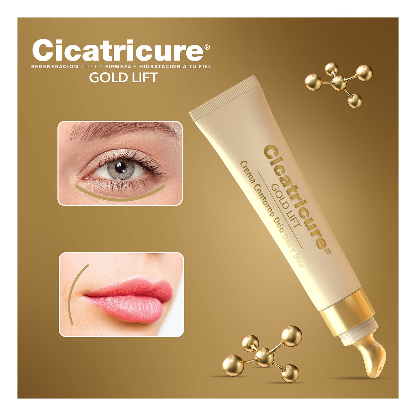 CICATRICURE - GOLD LIFT Contorno Dúo, Ojos y Boca. En 6 semanas reduce arrugas perioculares y código de barras, con péptidos con Oro, Calcio y Silicio, tubo con 15g