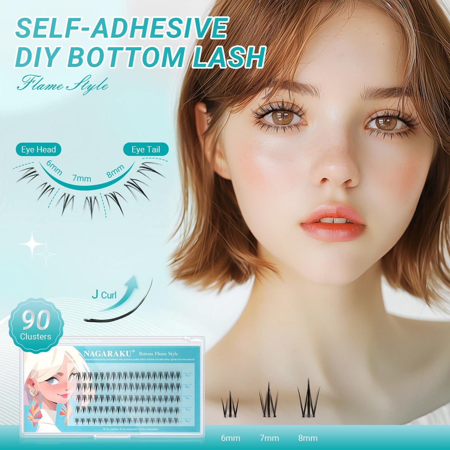 NAGARAKU Pestañas inferiores postizas 80 Pcs No Necesita Pegamento Ni Removedor Presión En Un Solo Paso Pestañas Reutilizables Prepegadas En Casa Pestañas Inferiores (BSA-01, 0,07 J Curl 6-8 mm)